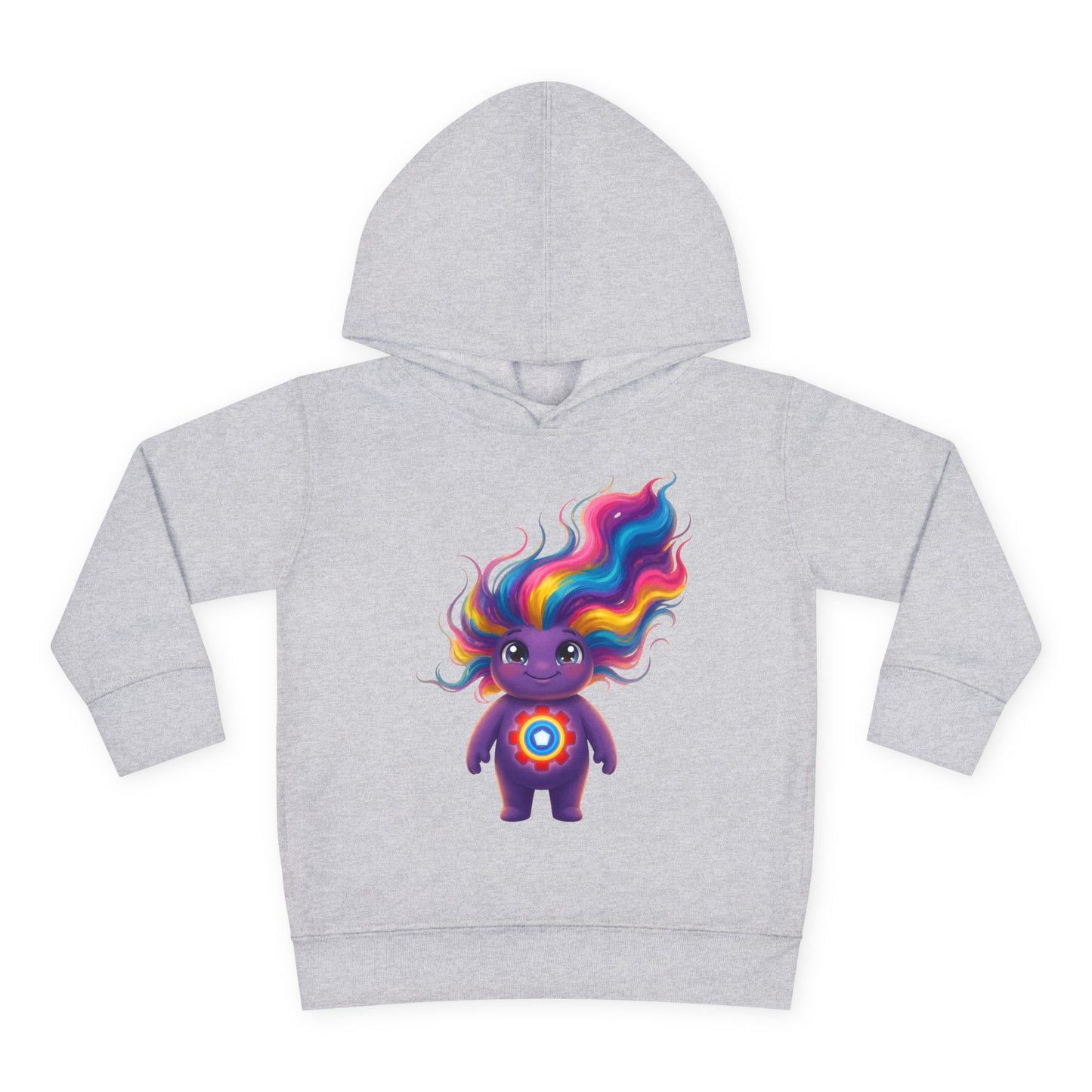 Gray hoodie featuring a cute purple character with flowing rainbow hair and a colorful circular emblem on its chest.