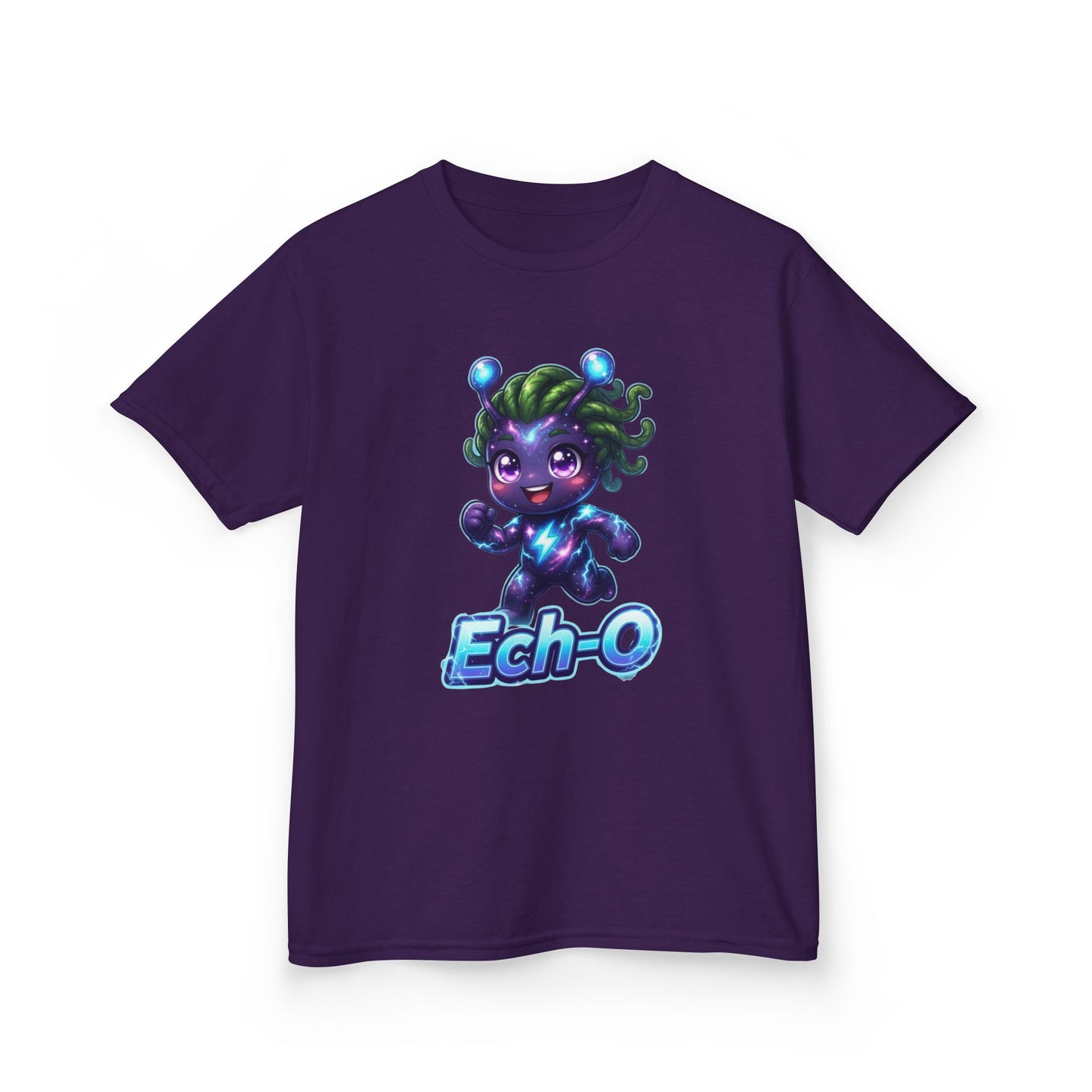 Purple kids t-shirt featuring Ech-O the Courage Trait Buddy with green hair and lightning bolt emblem from OrbPals