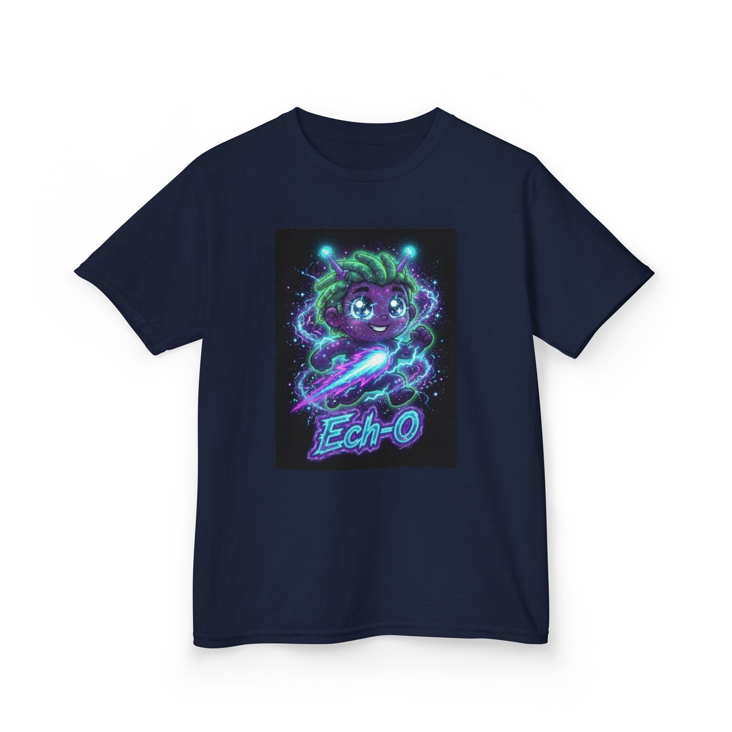 Navy blue crew-neck t-shirt featuring a smiling purple alien character with green hair, glowing blue antennae, dynamic energy effects and lightning, with the stylized text โEch-Oโ in neon lettering below.