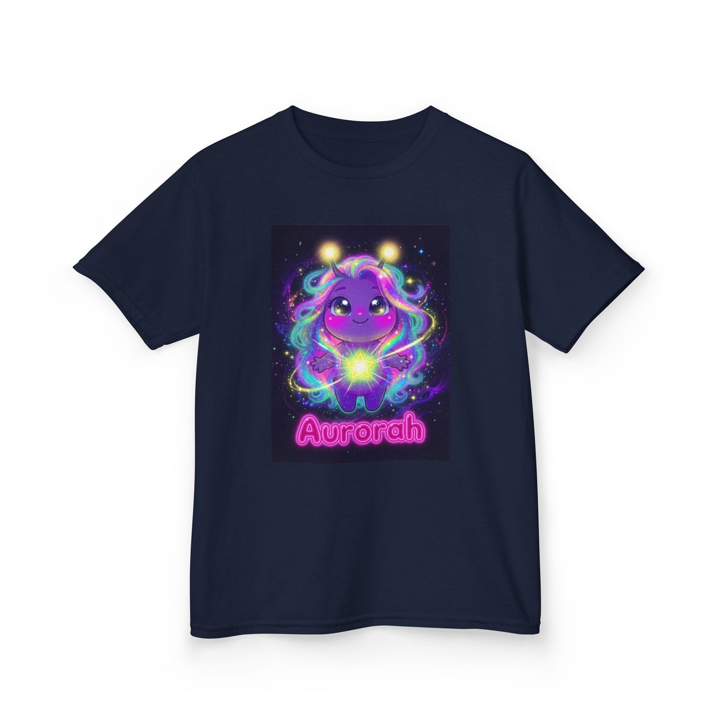 Navy blue kids t-shirt featuring Aurorah the Hope Trait Buddy with neon rainbow energy effects from OrbPals