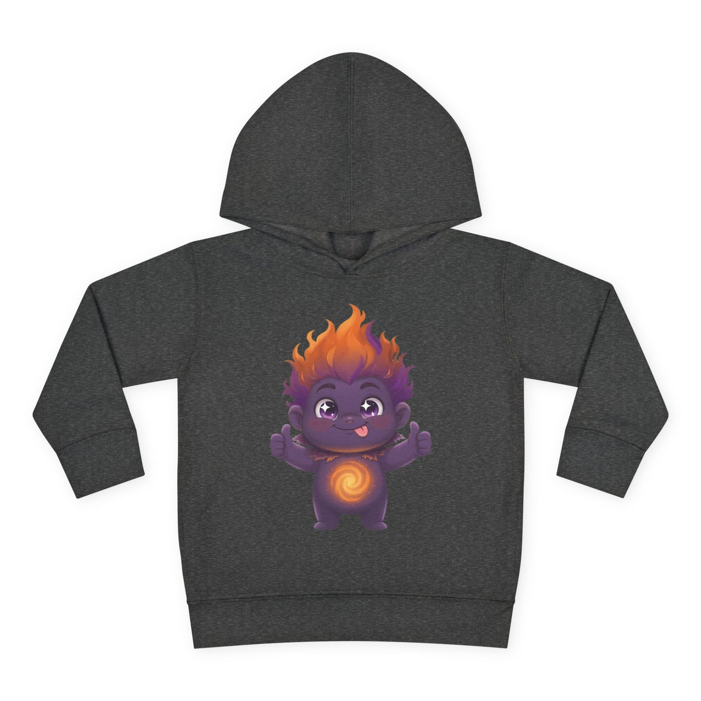 Dark heather gray hoodie featuring a playful purple character with flaming orange hair, giving two thumbs up with tongue out, and a glowing orange spiral on its chest.