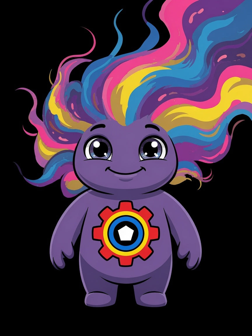 Art the Curiosity Trait Buddy with colorful flowing hair and glowing gear emblem from OrbPals