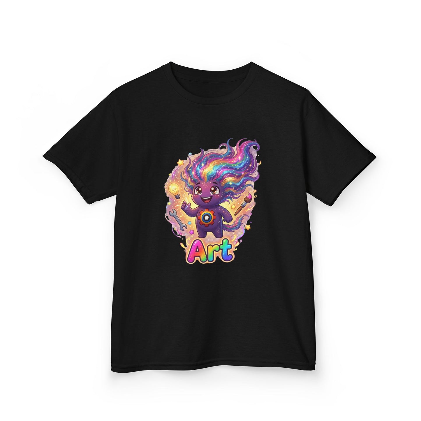 Black kids t-shirt featuring Art the Curiosity Trait Buddy with rainbow hair and gear emblem from OrbPals