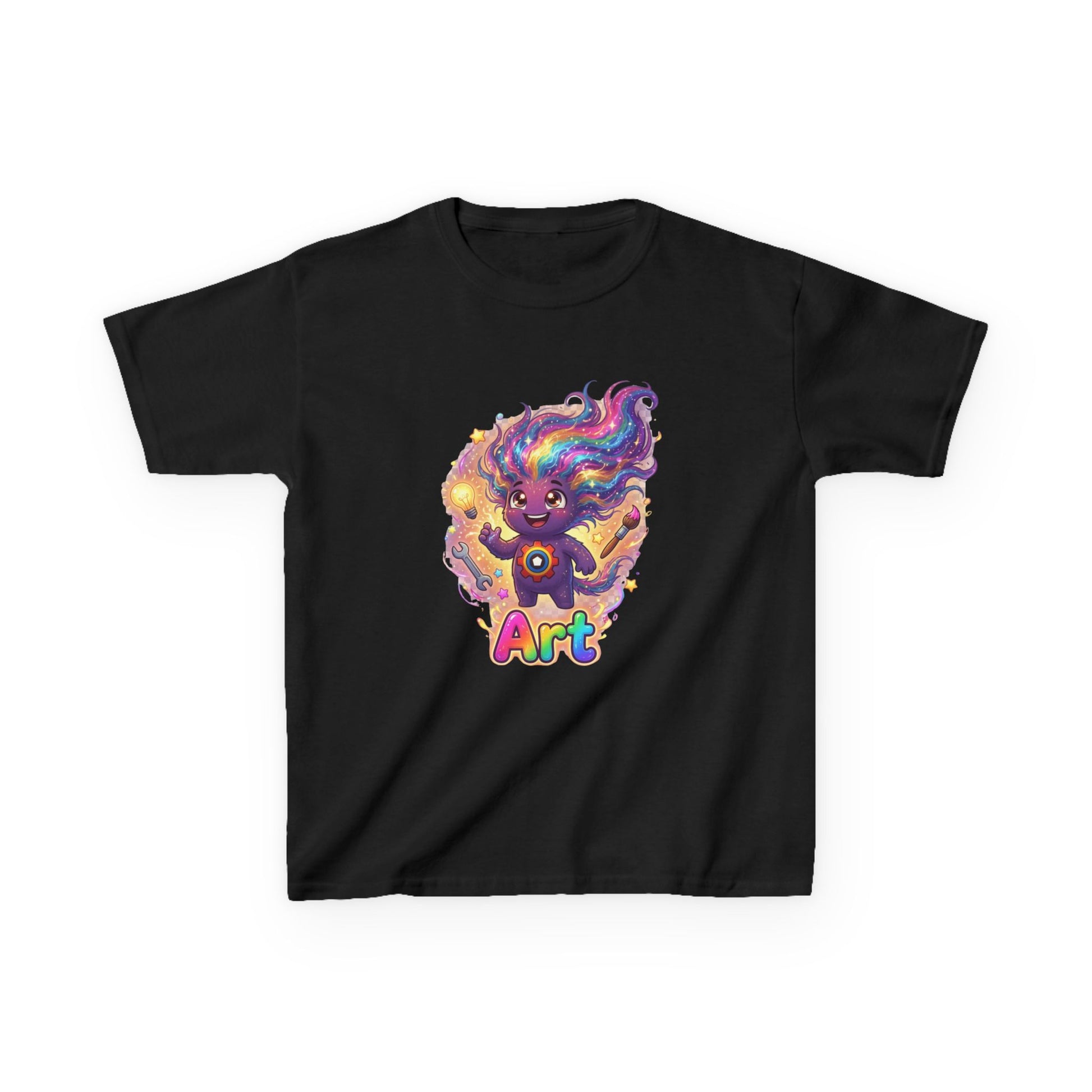 Black kids t-shirt featuring Art the Curiosity Trait Buddy with rainbow hair and gear emblem from OrbPals