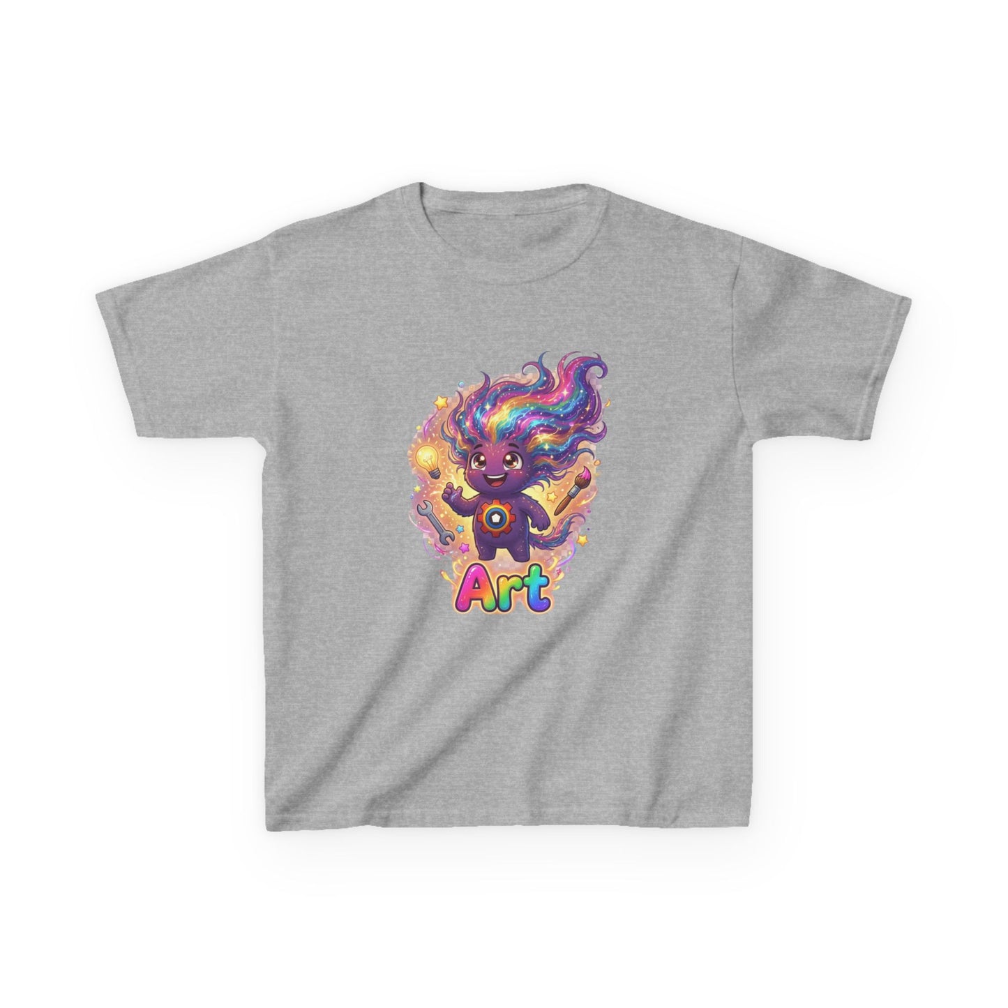 Heather gray kids t-shirt featuring Art the Curiosity Trait Buddy with rainbow hair and gear emblem from OrbPals