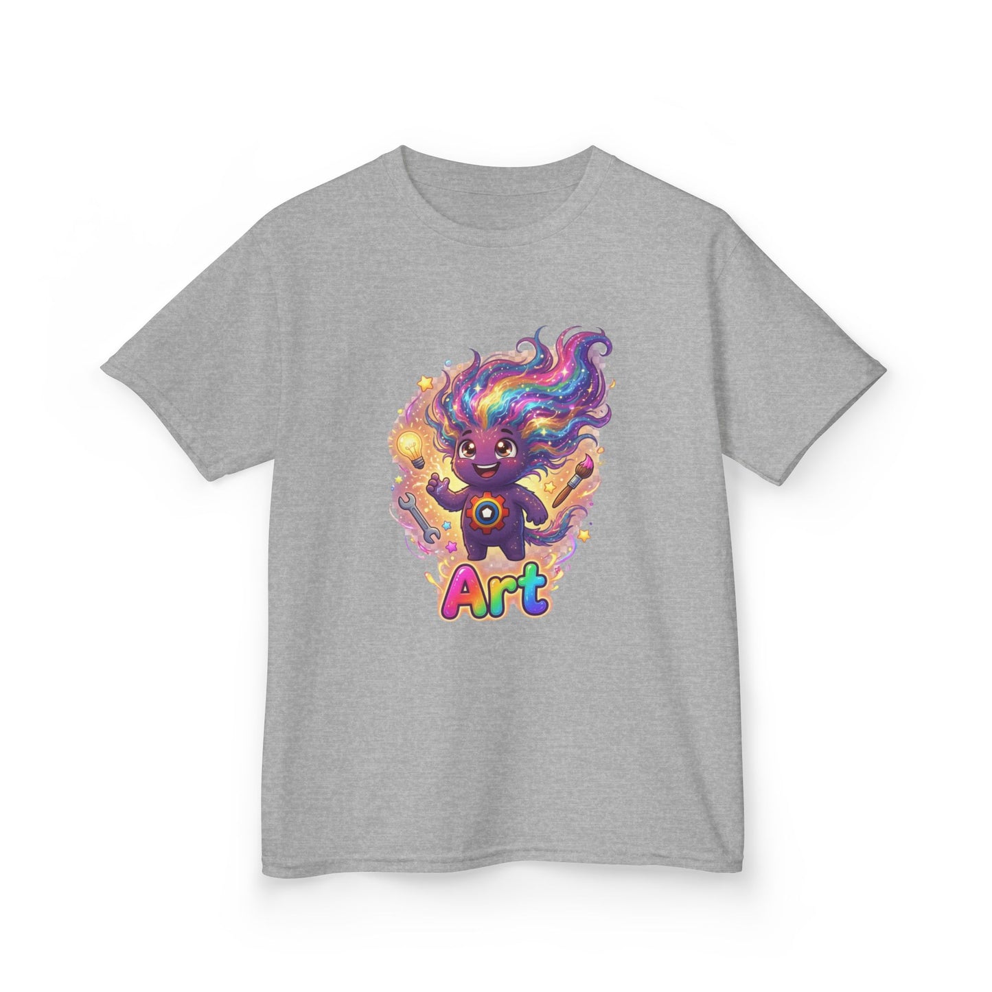 Heather gray kids t-shirt featuring Art the Curiosity Trait Buddy with rainbow hair and gear emblem from OrbPals