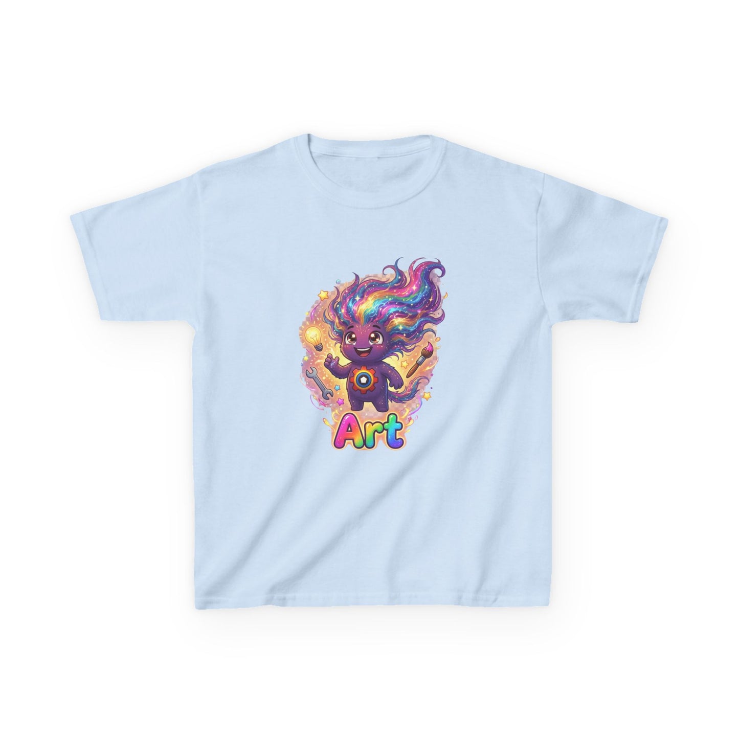 Light blue kids t-shirt featuring Art the Curiosity Trait Buddy with rainbow hair and gear emblem from OrbPals