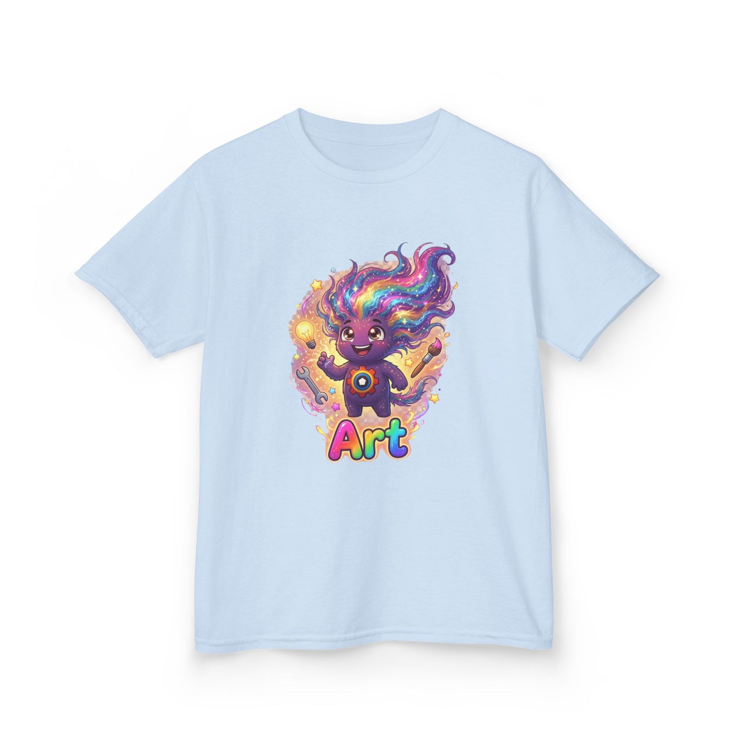 Light blue kids t-shirt featuring Art the Curiosity Trait Buddy with rainbow hair and gear emblem from OrbPals
