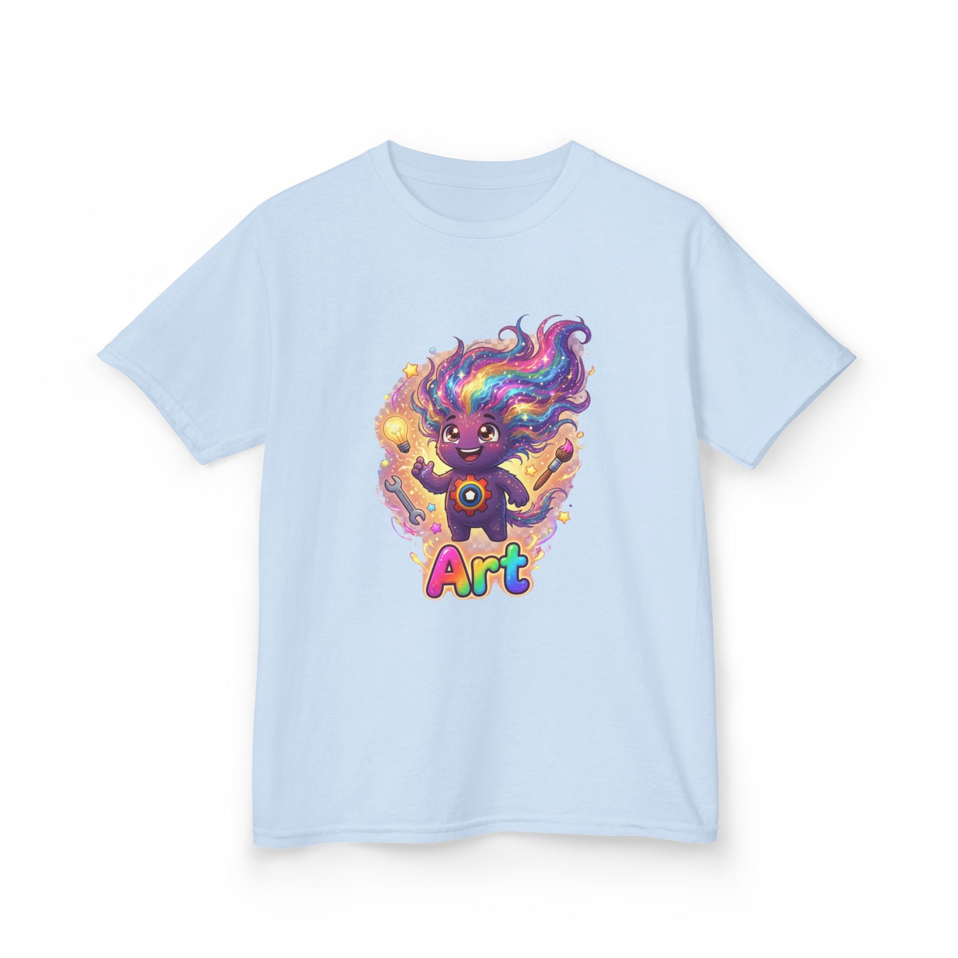 Light blue kids t-shirt featuring Art the Curiosity Trait Buddy with rainbow hair and gear emblem from OrbPals