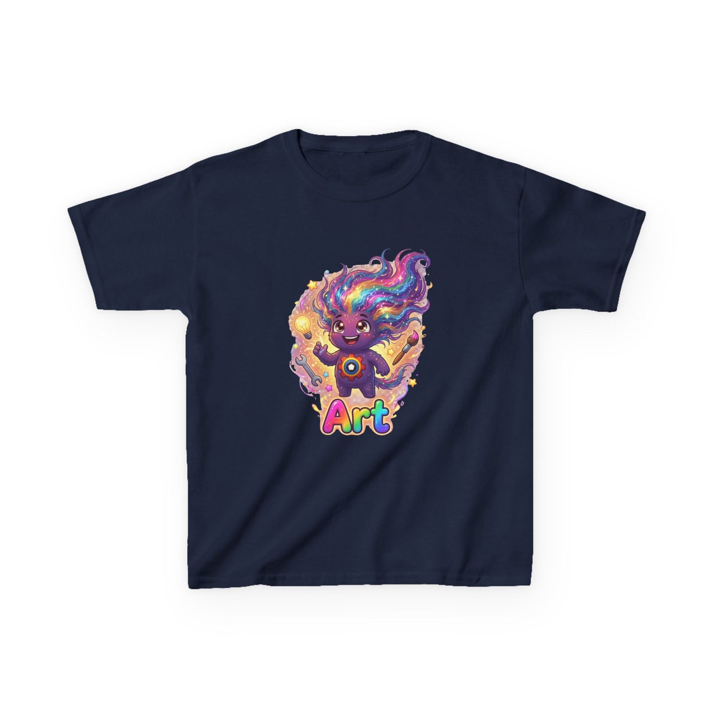 Navy blue kids t-shirt featuring Art the Curiosity Trait Buddy with rainbow hair and gear emblem from OrbPals