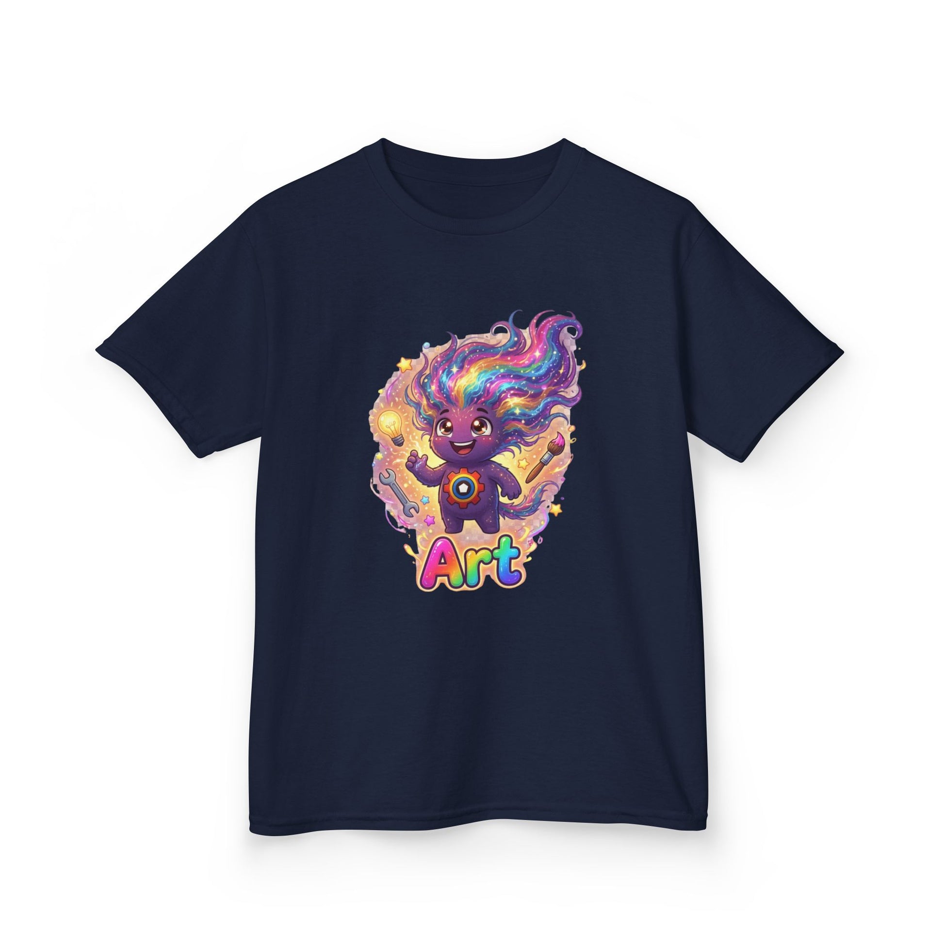 Navy blue kids t-shirt featuring Art the Curiosity Trait Buddy with rainbow hair and gear emblem from OrbPals