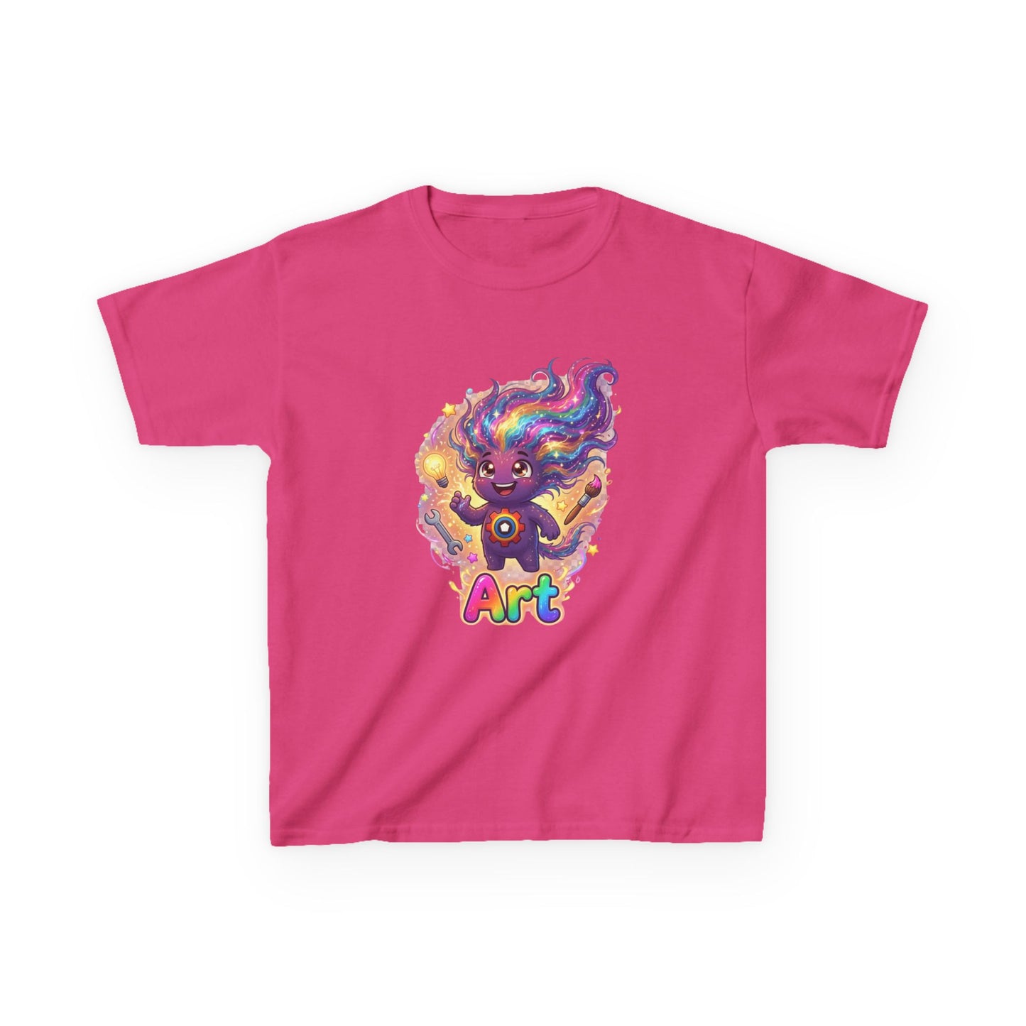 Pink kids t-shirt featuring Art the Curiosity Trait Buddy with rainbow hair and gear emblem from OrbPals