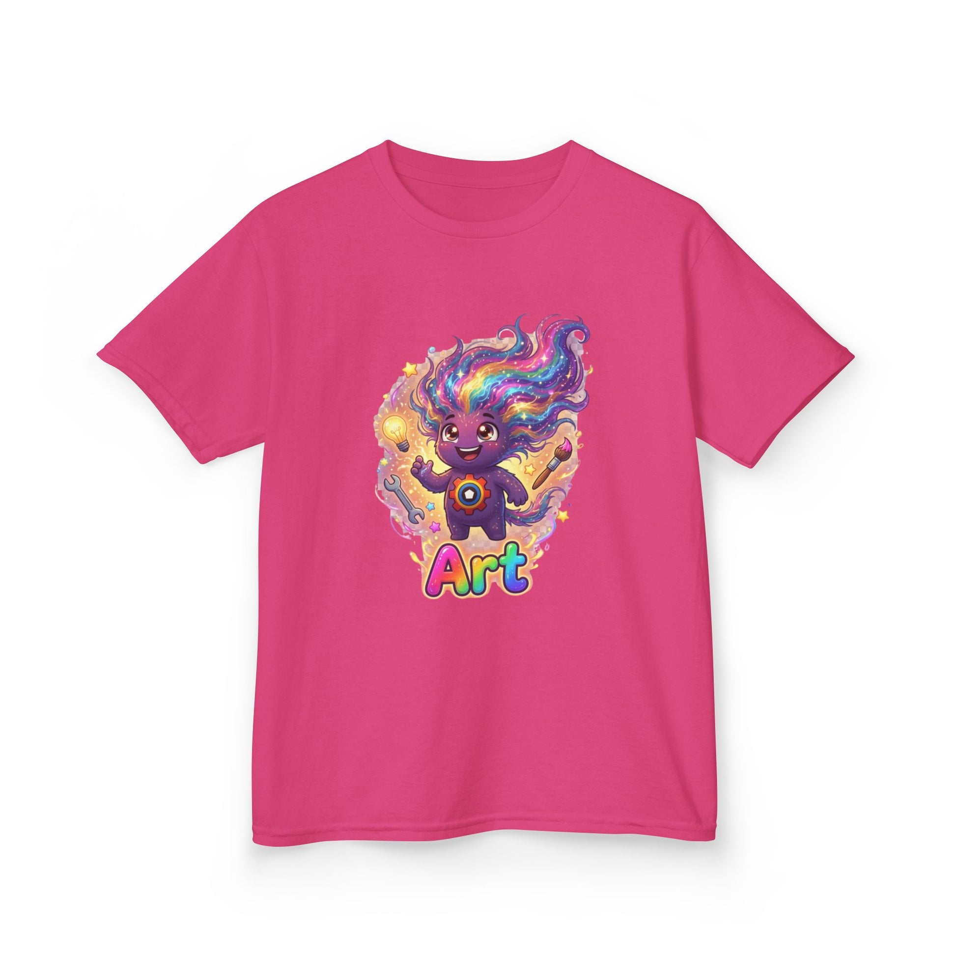 Pink kids t-shirt featuring Art the Curiosity Trait Buddy with rainbow hair and gear emblem from OrbPals