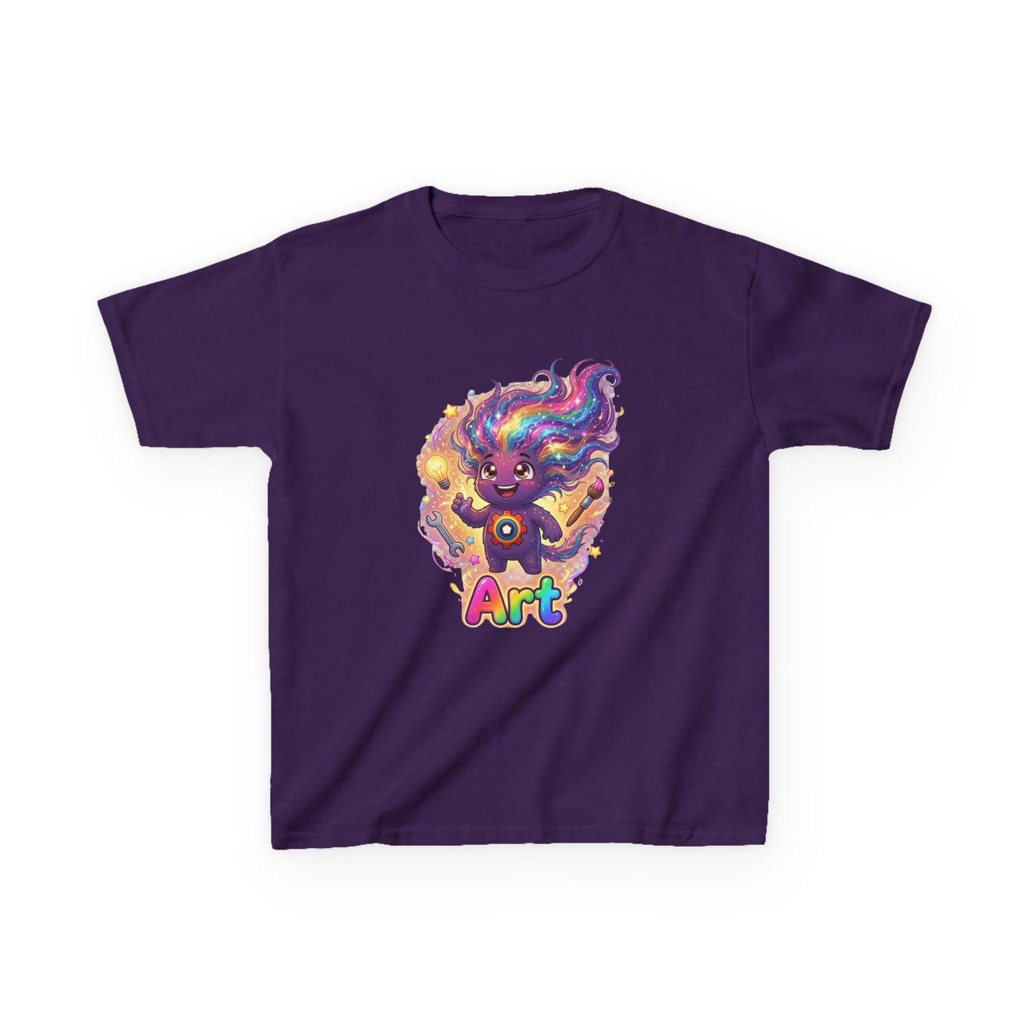 Purple kids t-shirt featuring Art the Curiosity Trait Buddy with rainbow hair and gear emblem from OrbPals