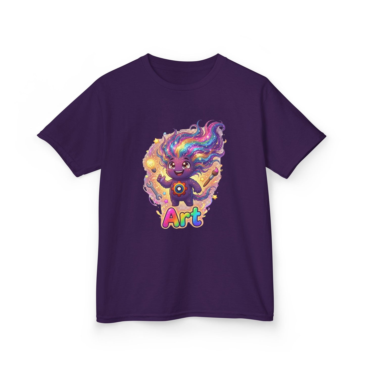 Purple kids t-shirt featuring Art the Curiosity Trait Buddy with rainbow hair and gear emblem from OrbPals
