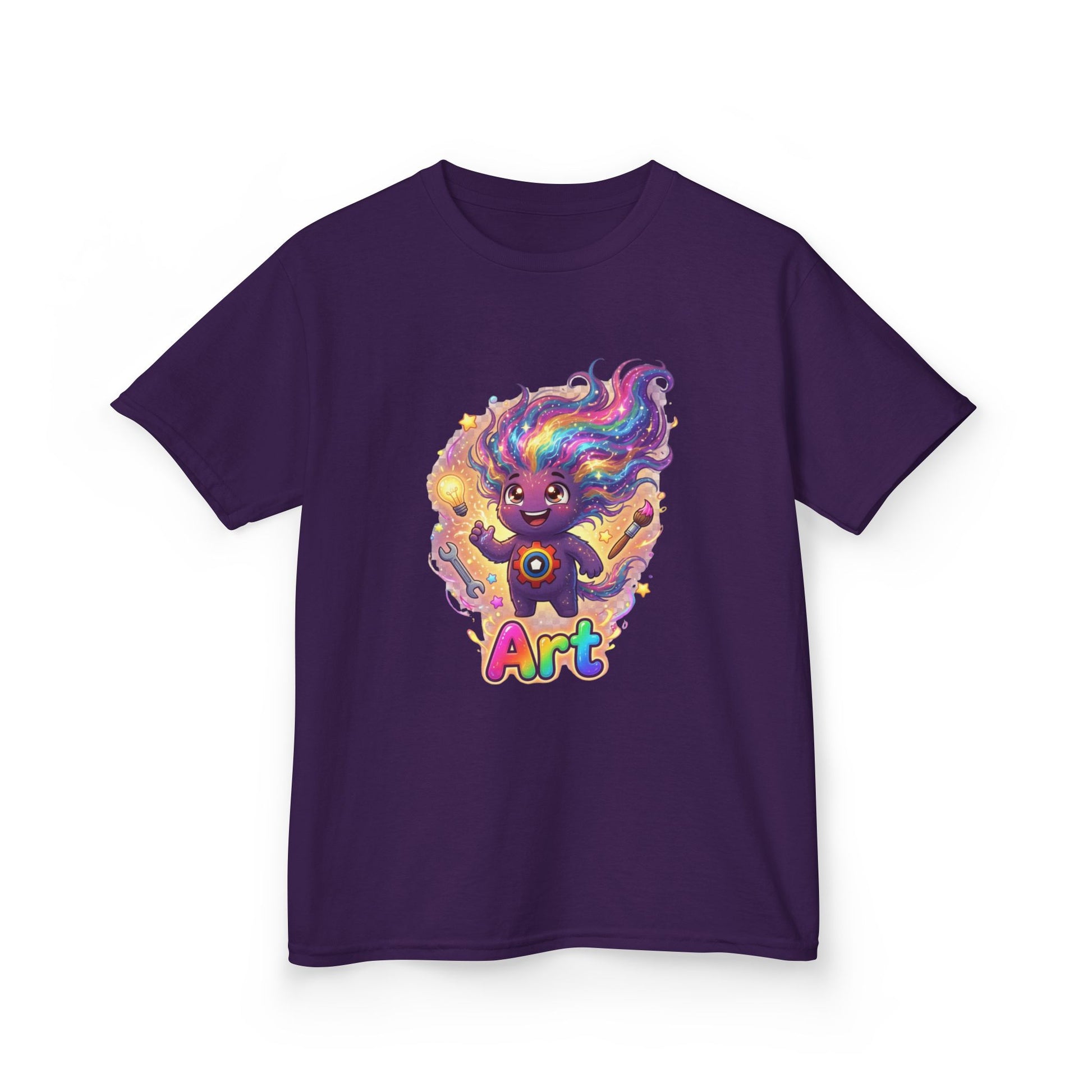 Purple kids t-shirt featuring Art the Curiosity Trait Buddy with rainbow hair and gear emblem from OrbPals