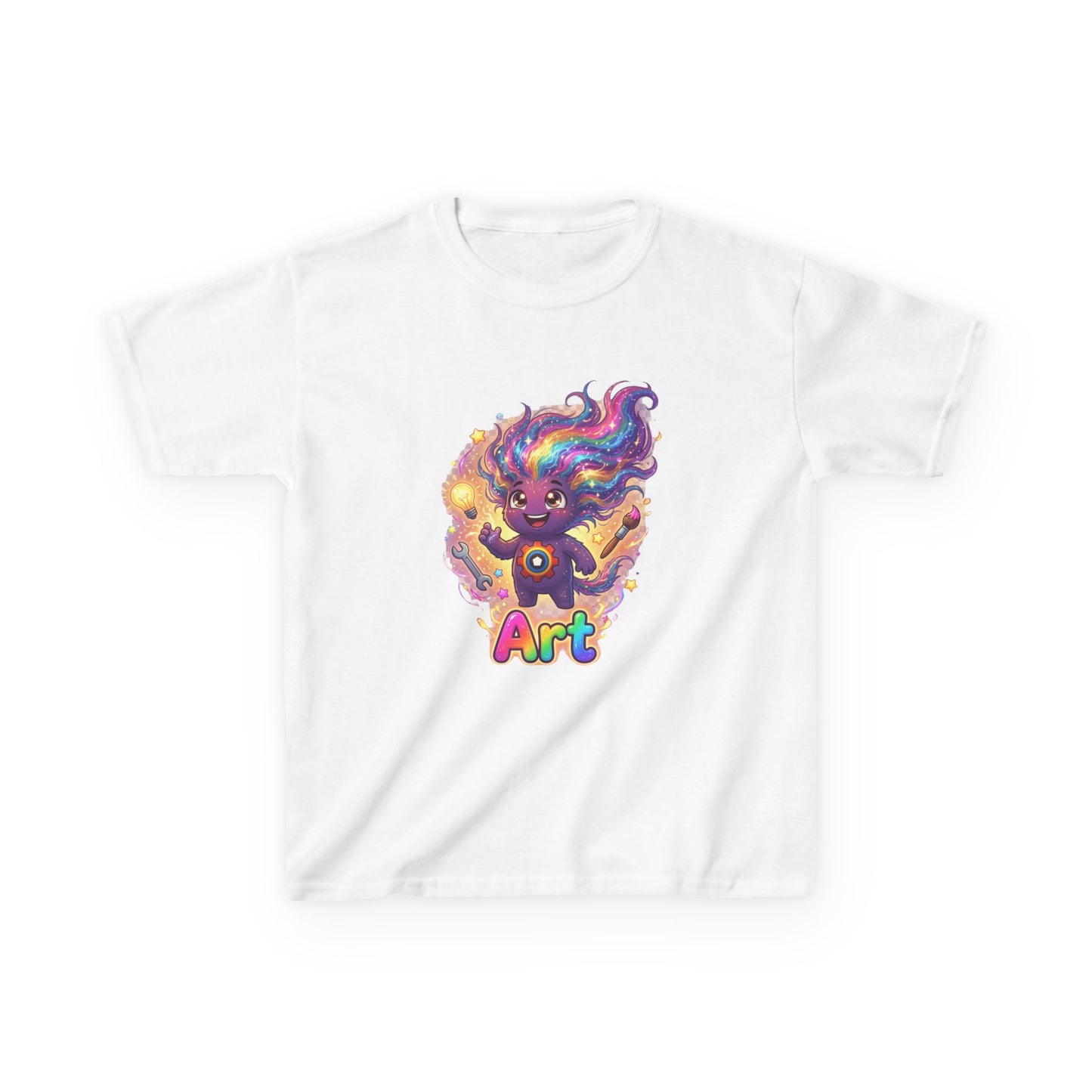 White kids t-shirt featuring Art the Curiosity Trait Buddy with rainbow hair and gear emblem from OrbPals