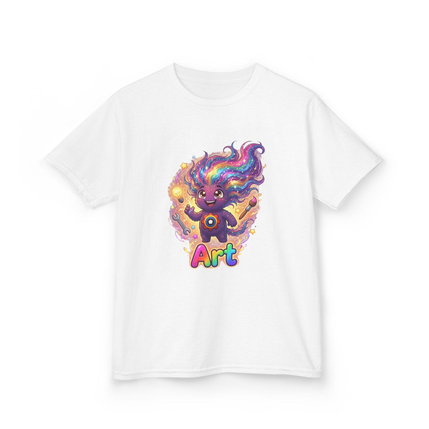 White kids t-shirt featuring Art the Curiosity Trait Buddy with rainbow hair and gear emblem from OrbPals