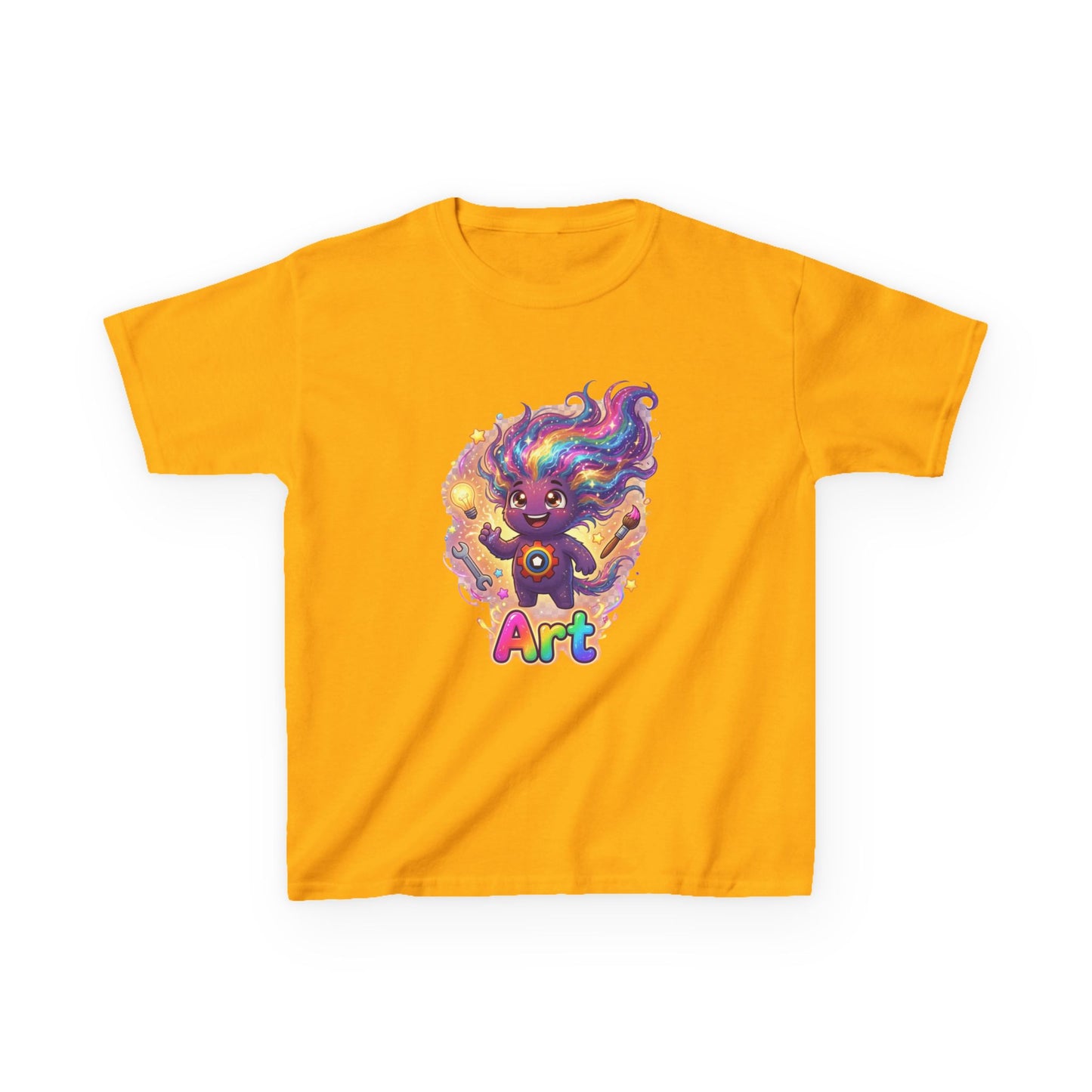 Yellow kids t-shirt featuring Art the Curiosity Trait Buddy with rainbow hair and gear emblem from OrbPals