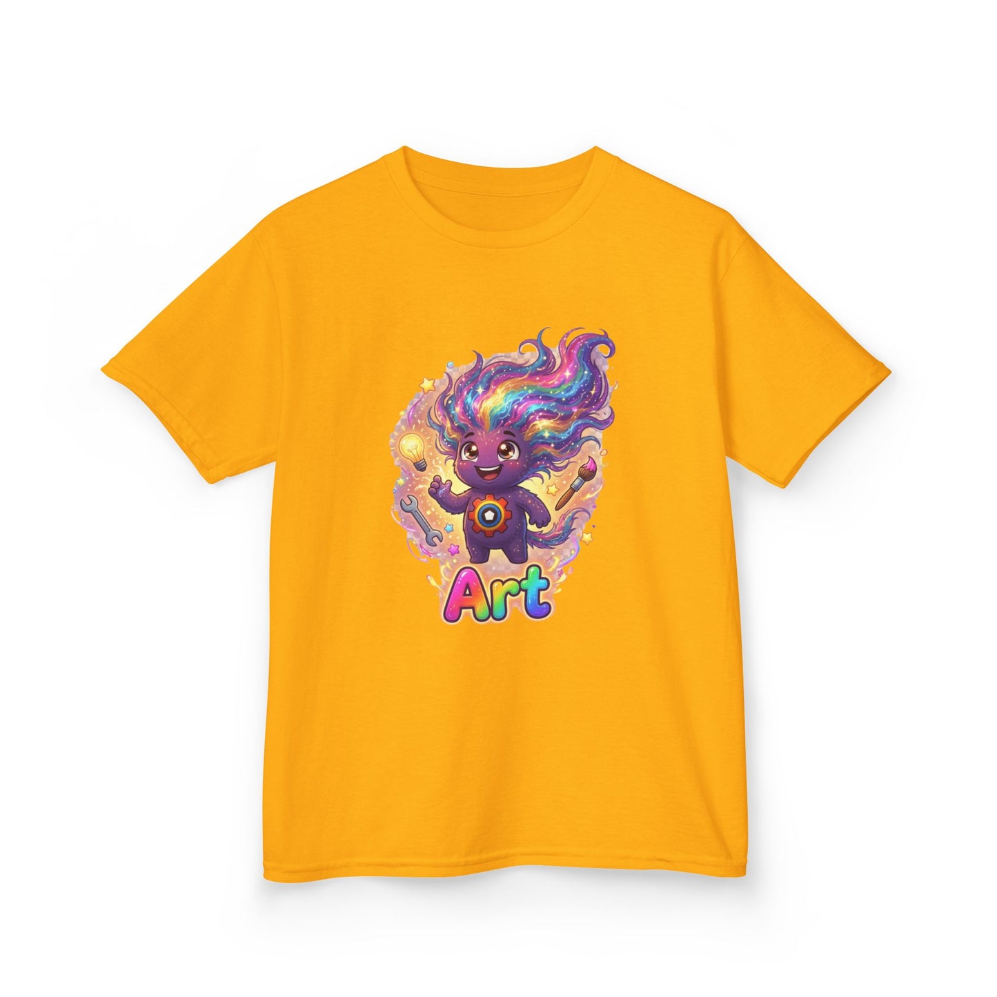 Yellow kids t-shirt featuring Art the Curiosity Trait Buddy with rainbow hair and gear emblem from OrbPals
