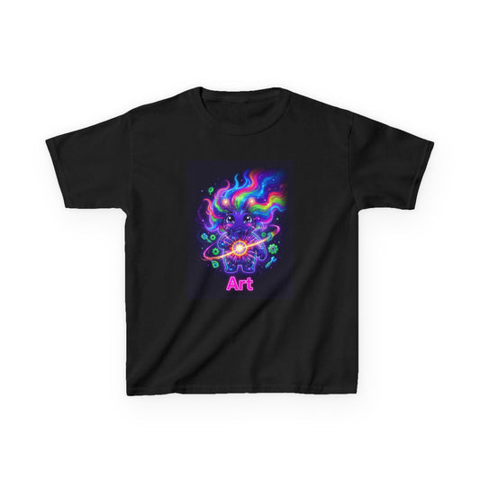 Black crew-neck t-shirt featuring a cute blue troll-like character with wild neon rainbow hair, holding a glowing energy orb surrounded by atoms and particles, with the word “Art” in pink neon lettering below.