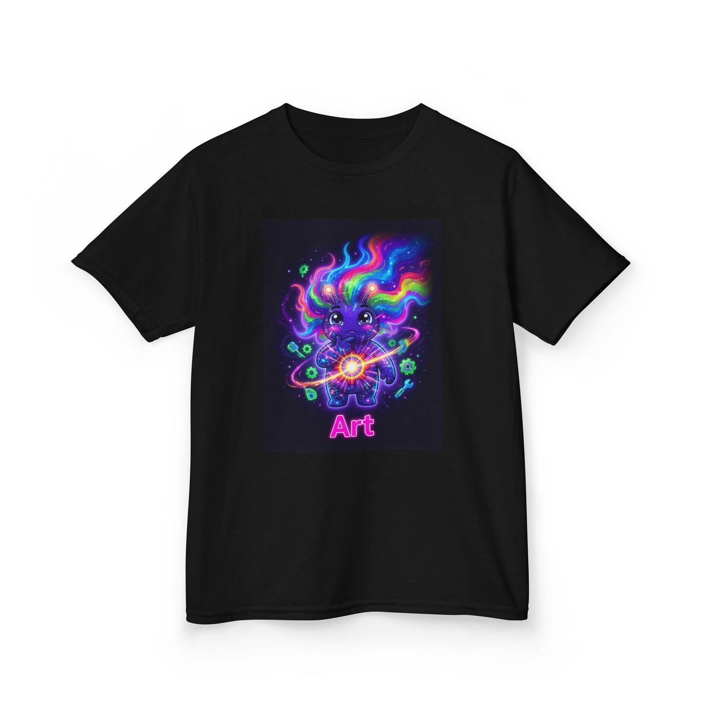 Black crew-neck t-shirt featuring a cute blue troll-like character with wild neon rainbow hair, holding a glowing energy orb surrounded by atoms and particles, with the word “Art” in pink neon lettering below.