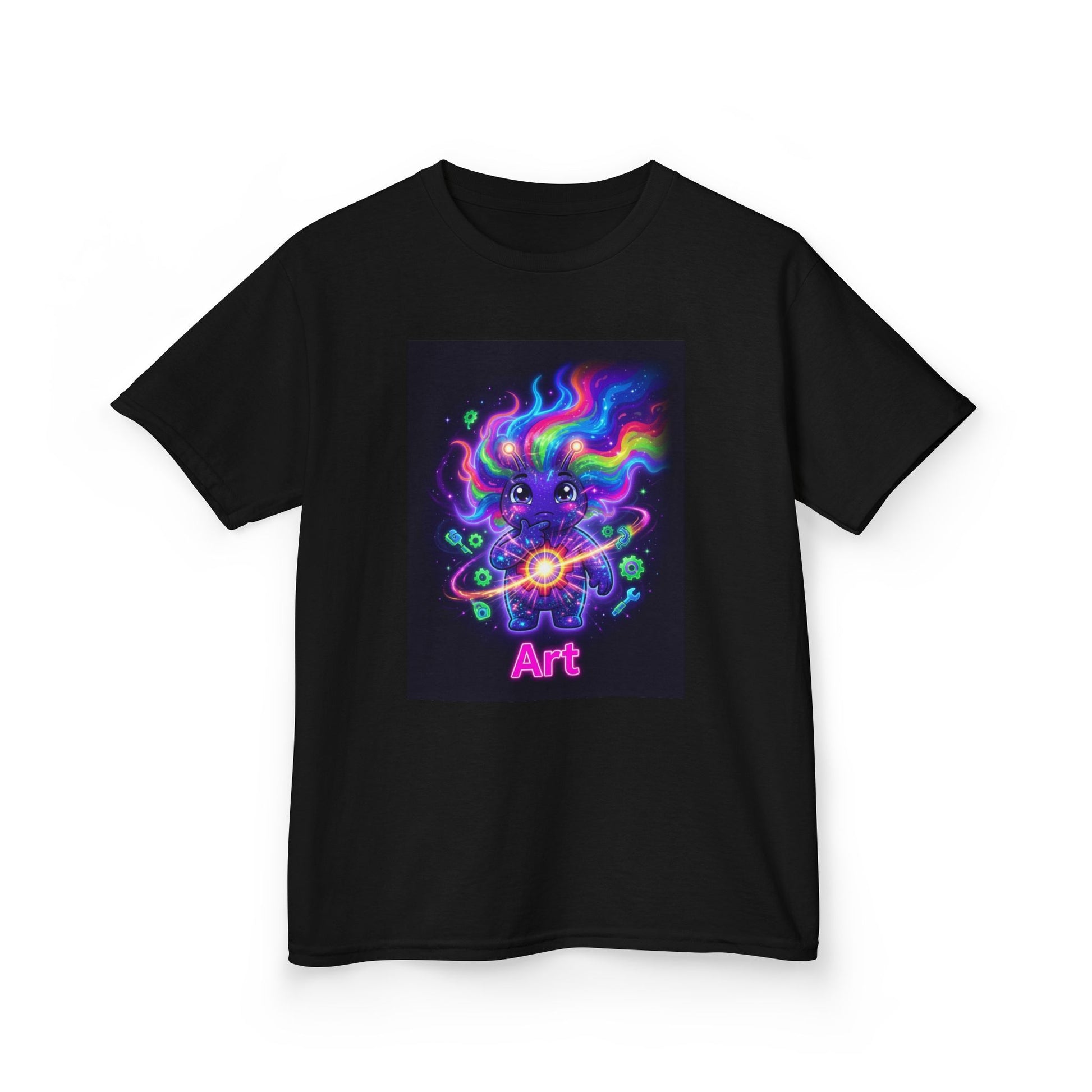 Black crew-neck t-shirt featuring a cute blue troll-like character with wild neon rainbow hair, holding a glowing energy orb surrounded by atoms and particles, with the word “Art” in pink neon lettering below.