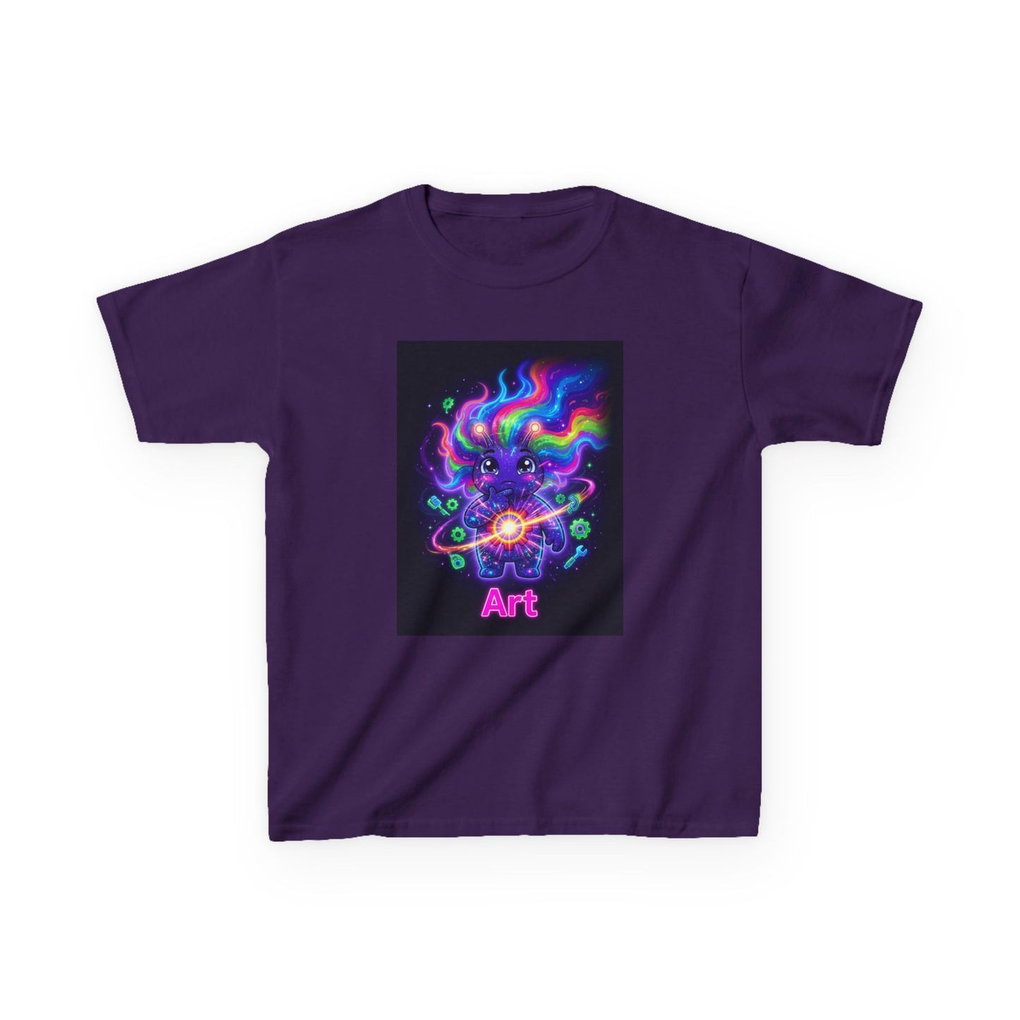 Purple crew-neck t-shirt featuring a cute blue troll-like character with wild neon rainbow hair, holding a glowing energy orb surrounded by atoms and particles, with the word “Art” in pink neon lettering below.