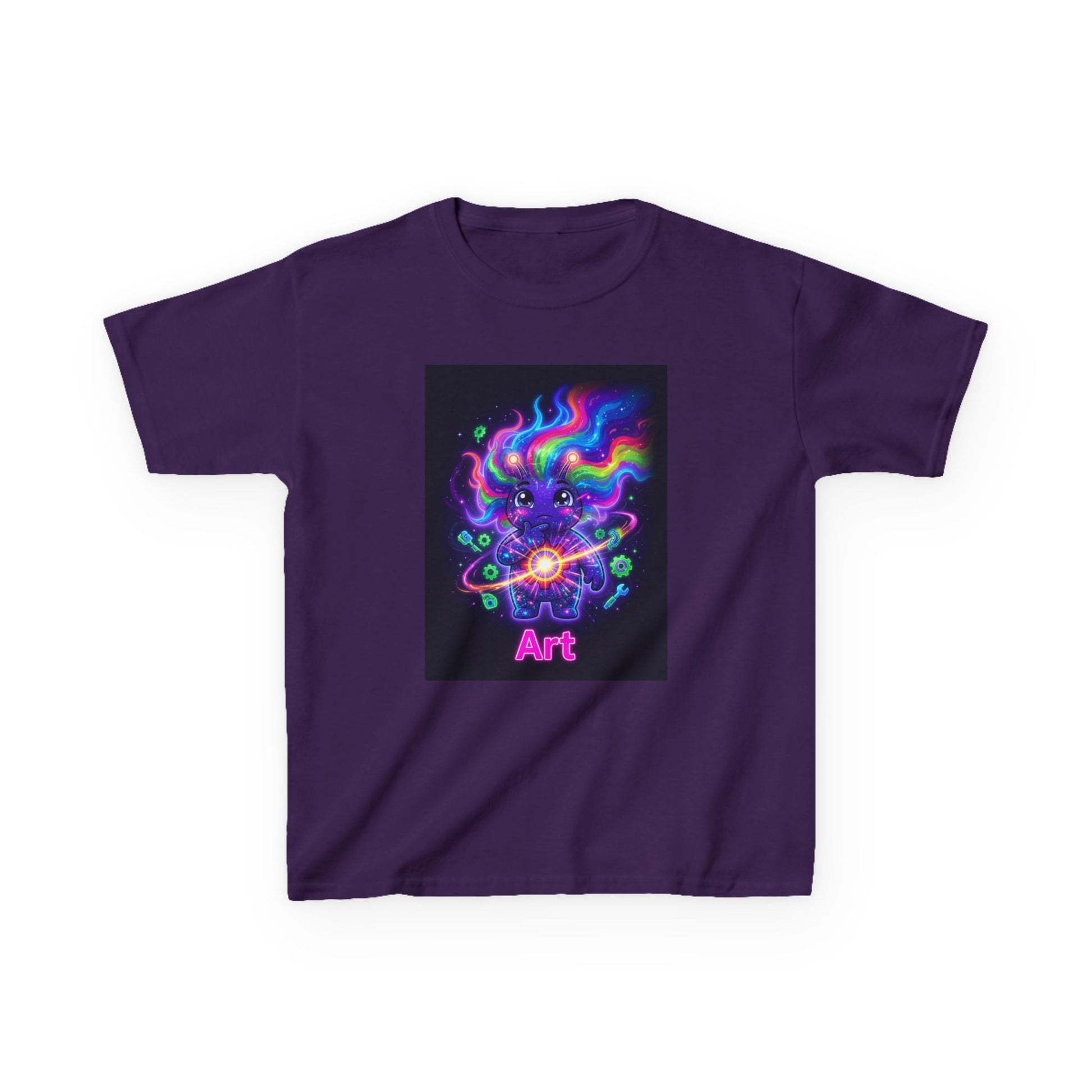 Purple crew-neck t-shirt featuring a cute blue troll-like character with wild neon rainbow hair, holding a glowing energy orb surrounded by atoms and particles, with the word “Art” in pink neon lettering below.