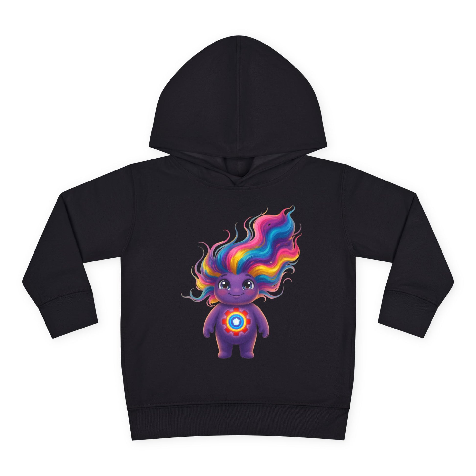 Black hoodie featuring a cute purple character with flowing rainbow hair and a colorful circular emblem on its chest.