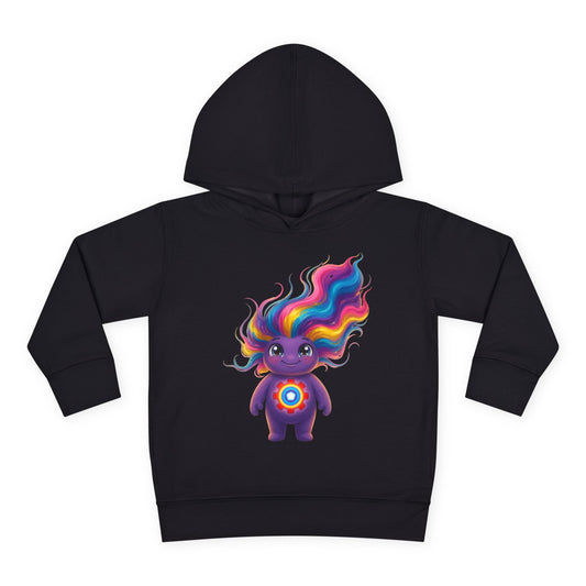 Black hoodie featuring a cute purple character with flowing rainbow hair and a colorful circular emblem on its chest.