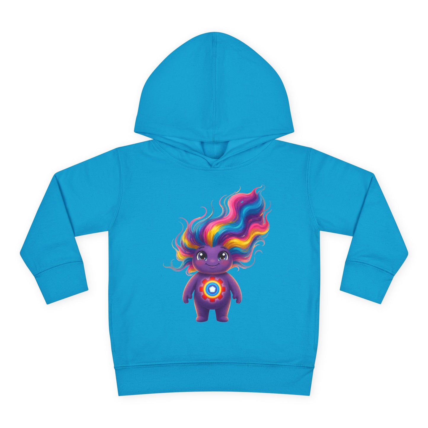 Cyan blue hoodie featuring a cute purple character with flowing rainbow hair and a colorful circular emblem on its chest.