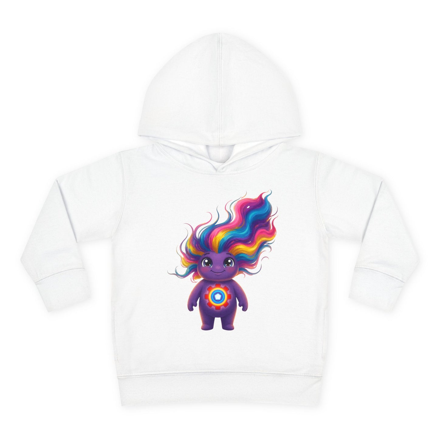 White hoodie featuring a cute purple character with flowing rainbow hair and a colorful circular emblem on its chest.