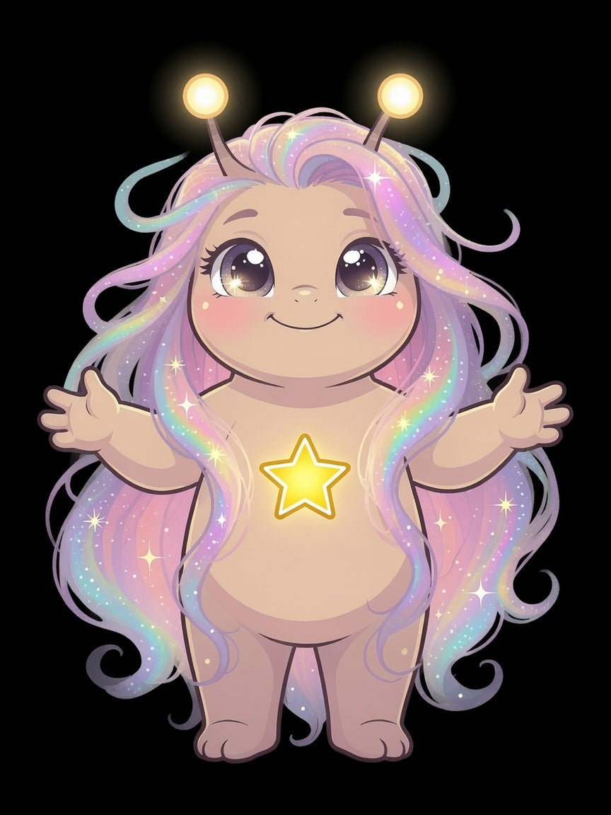 Aurorah the Hope Trait Buddy with flowing rainbow hair and glowing star emblem from OrbPals