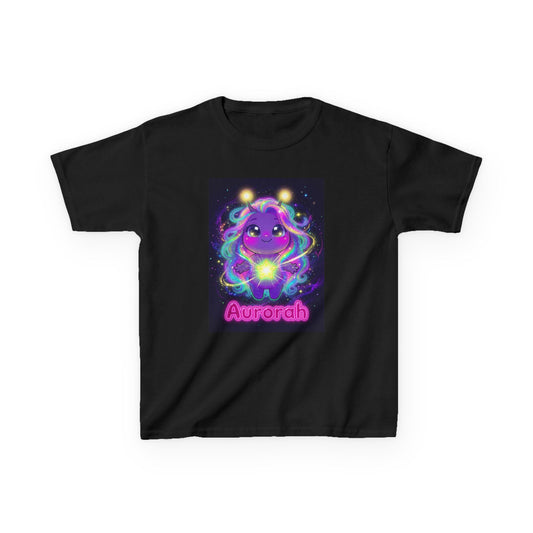 Black kids t-shirt featuring Aurorah the Hope Trait Buddy with neon rainbow energy effects from OrbPals