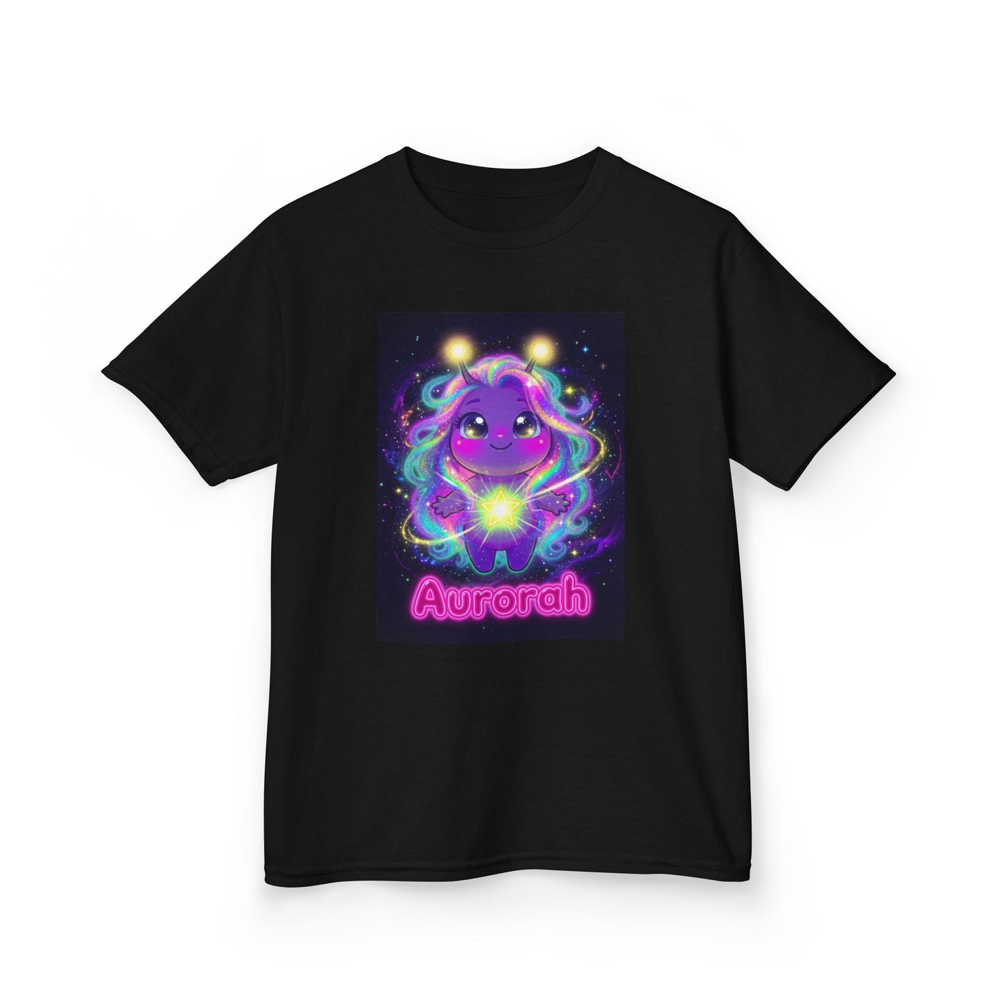 Black kids t-shirt featuring Aurorah the Hope Trait Buddy with neon rainbow energy effects from OrbPals