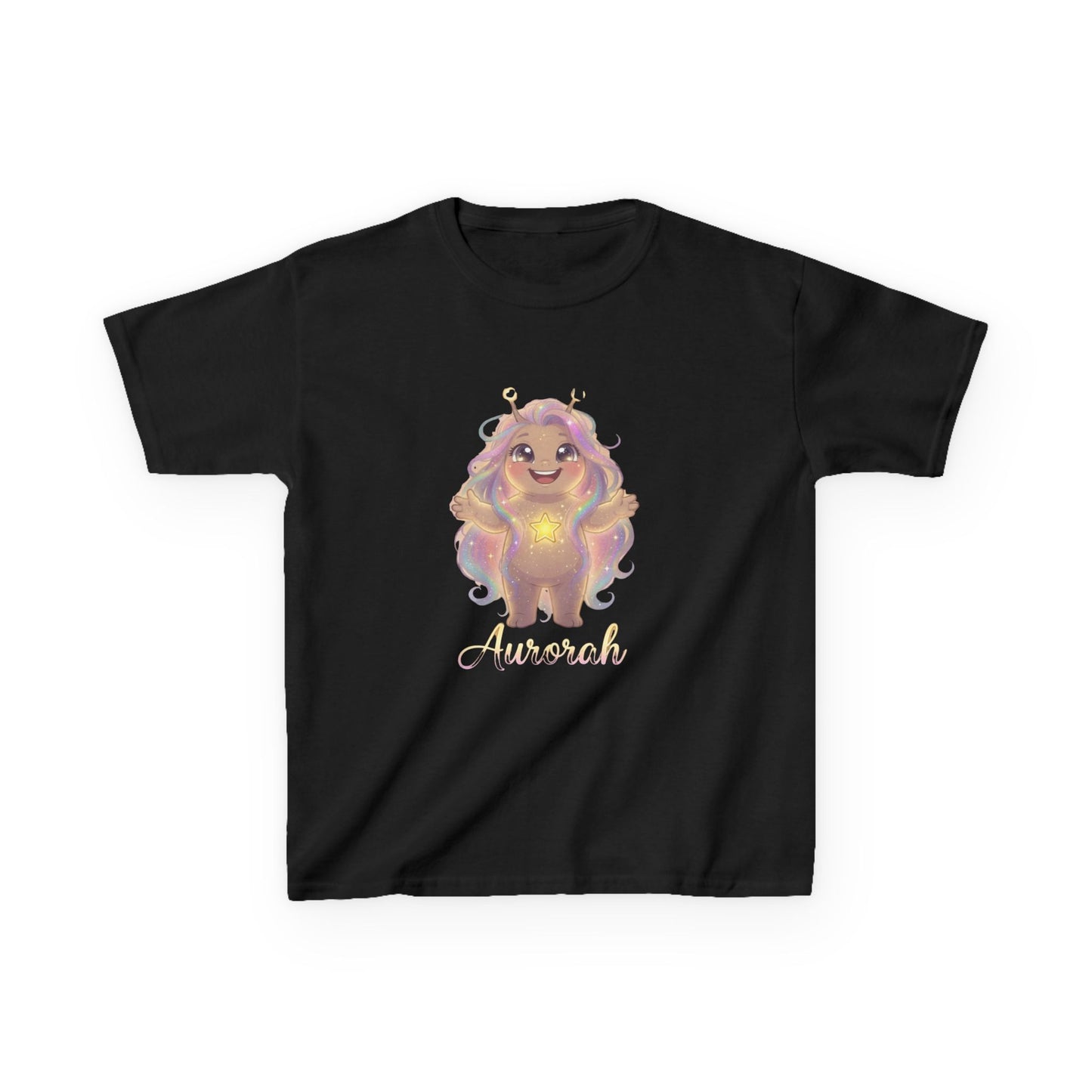 Black kids t-shirt featuring Aurorah the Hope Trait Buddy with rainbow hair and star emblem from OrbPals