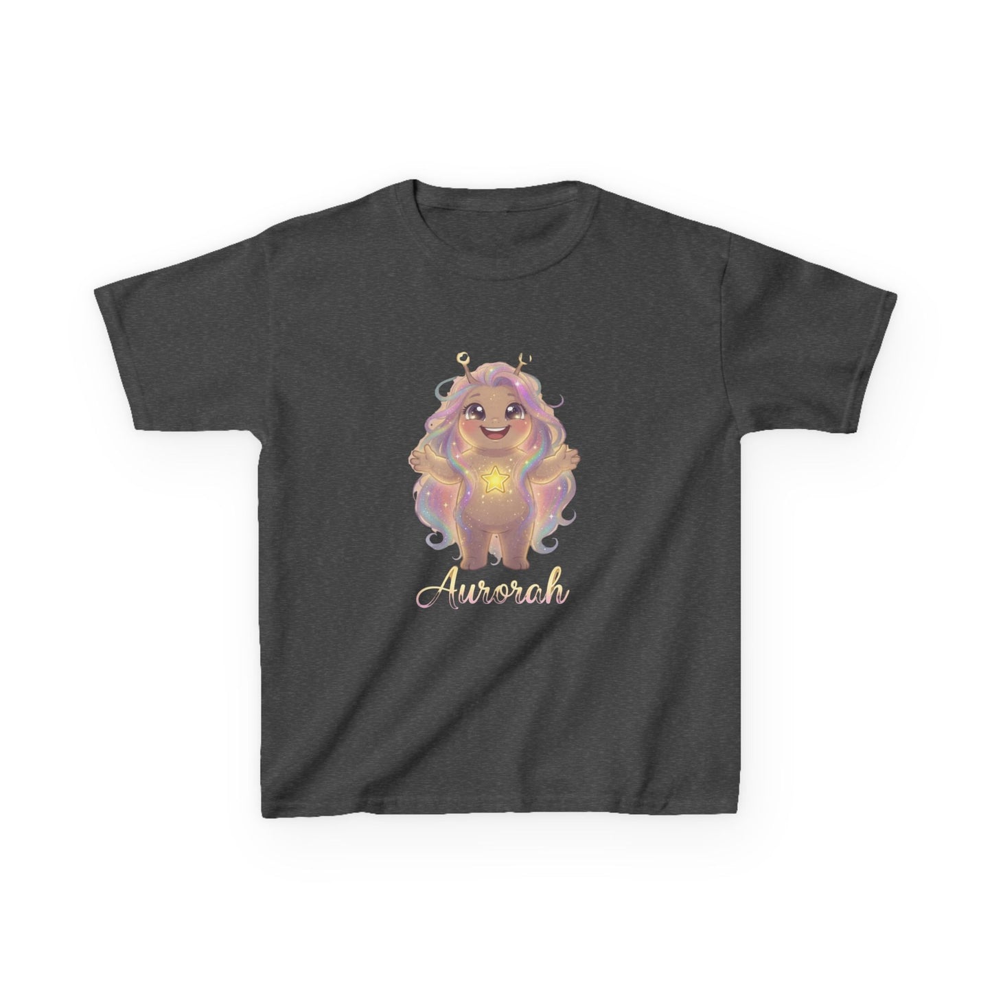Dark gray kids t-shirt featuring Aurorah the Hope Trait Buddy with rainbow hair and star emblem from OrbPals