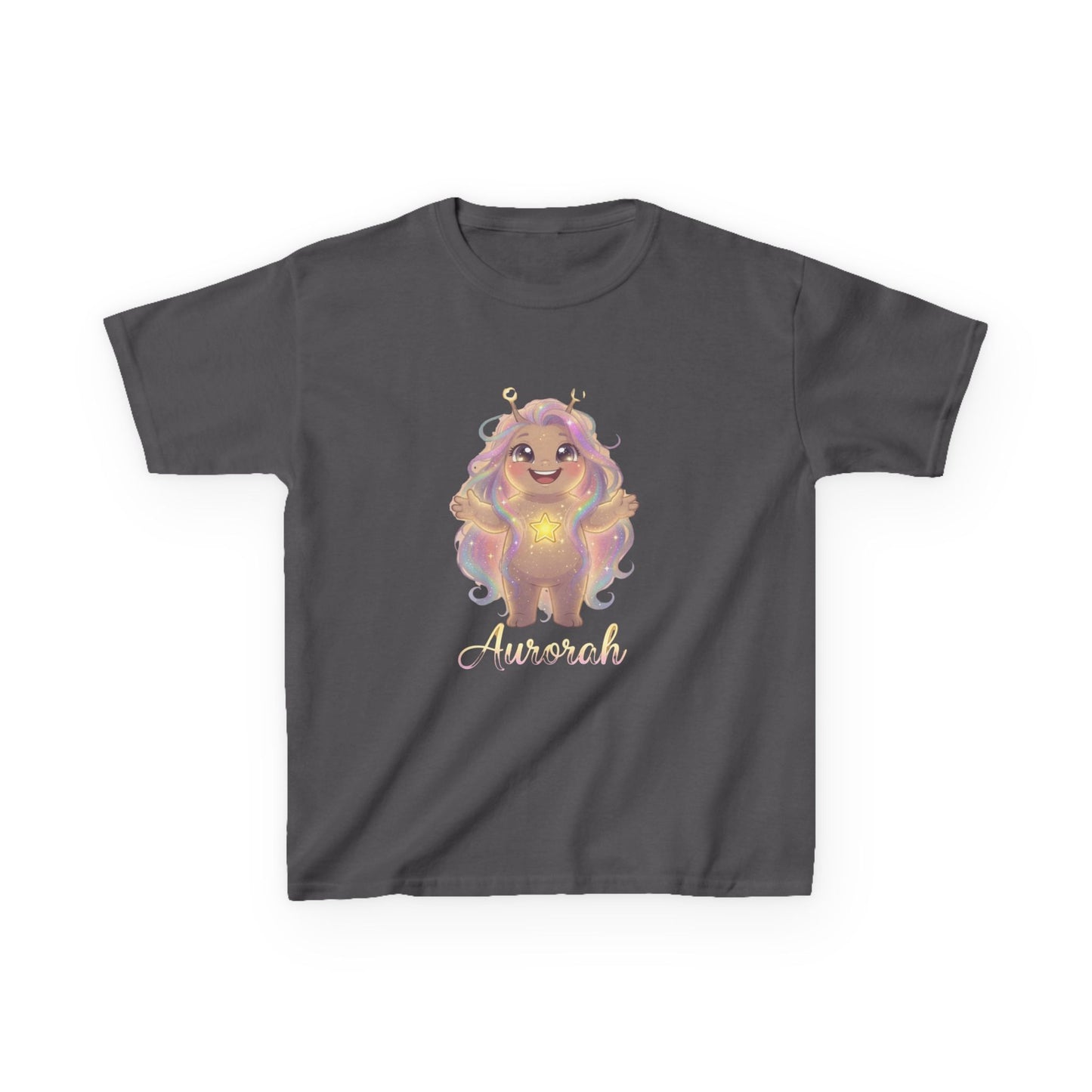 Dark gray kids t-shirt featuring Aurorah the Hope Trait Buddy with rainbow hair and star emblem from OrbPals