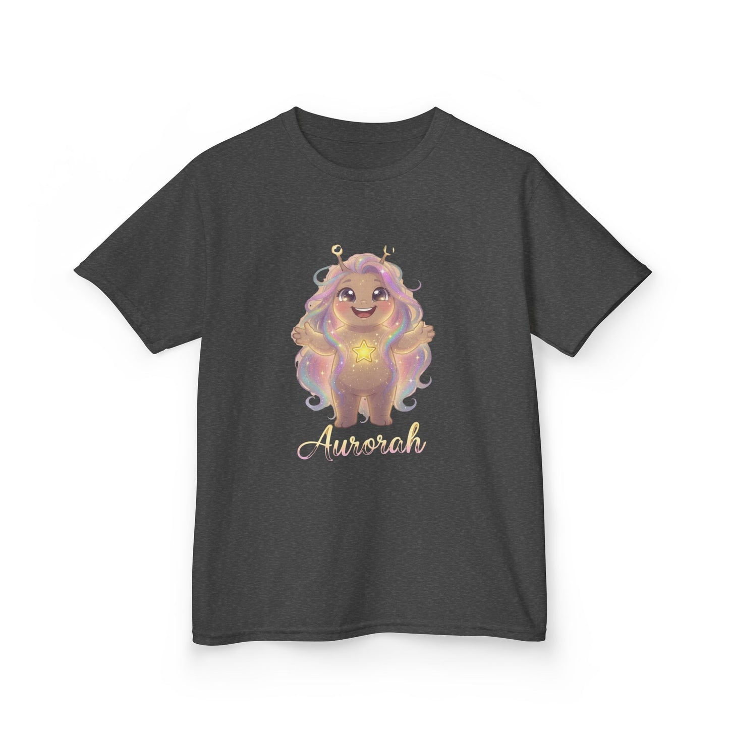 Dark gray kids t-shirt featuring Aurorah the Hope Trait Buddy with rainbow hair and star emblem from OrbPals
