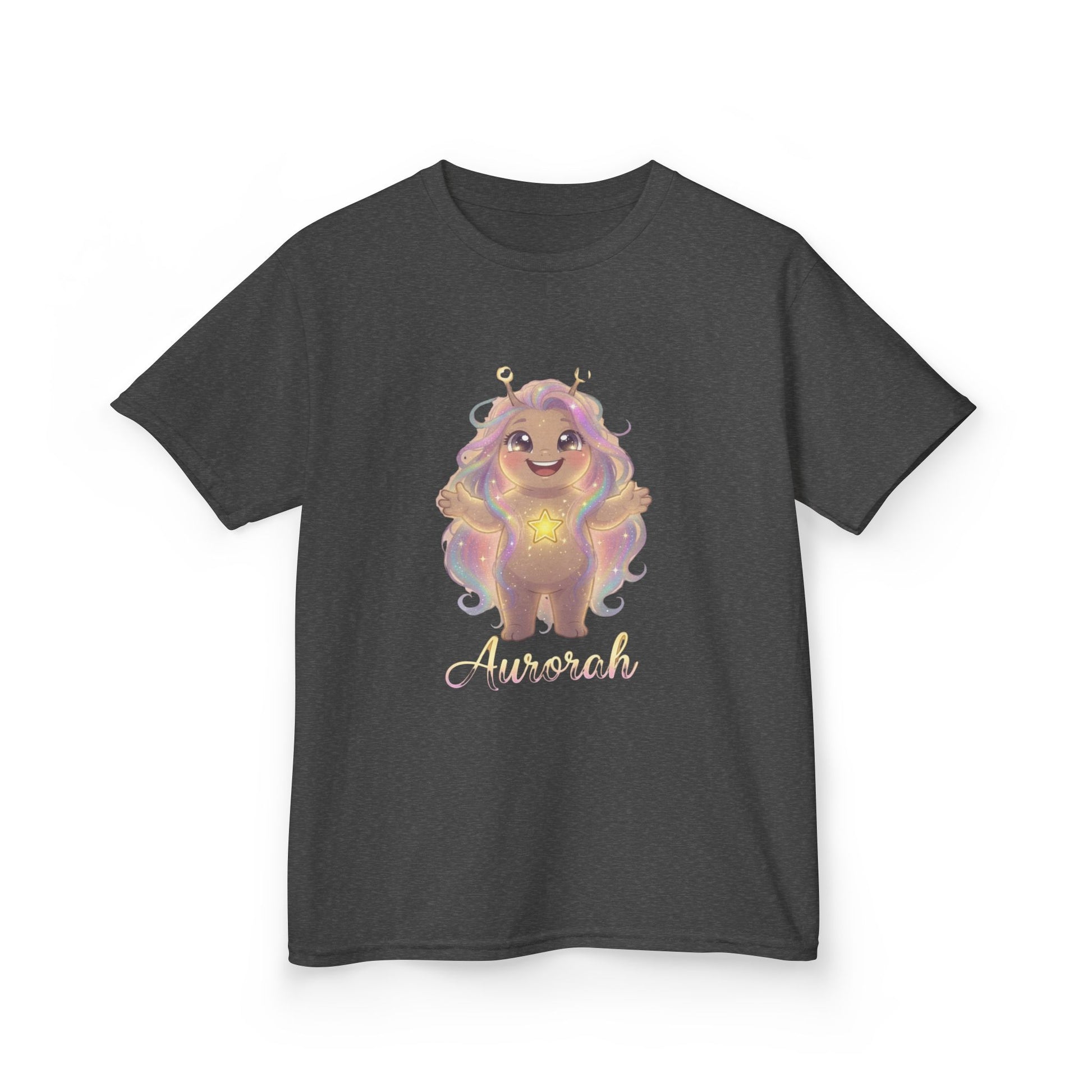 Dark gray kids t-shirt featuring Aurorah the Hope Trait Buddy with rainbow hair and star emblem from OrbPals