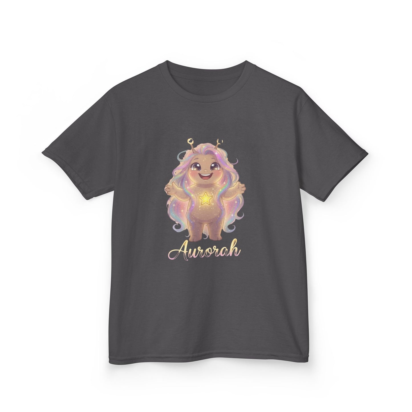 Dark gray kids t-shirt featuring Aurorah the Hope Trait Buddy with rainbow hair and star emblem from OrbPals