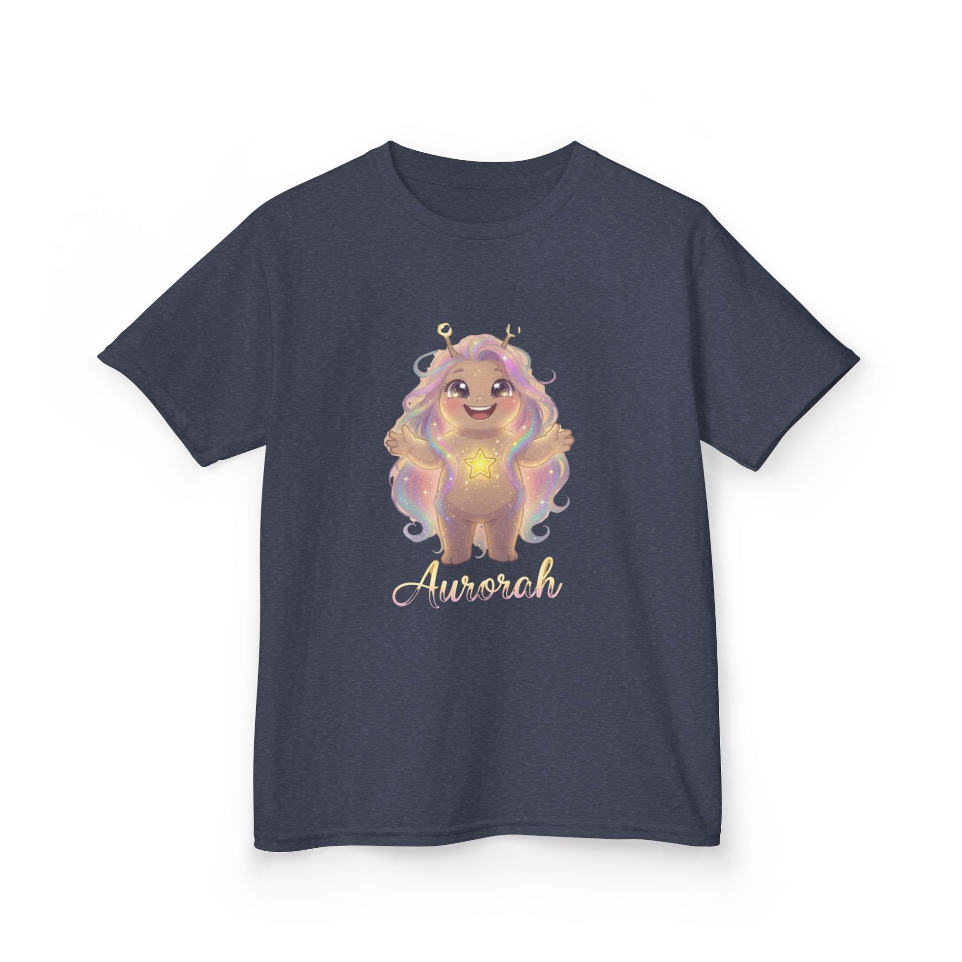 Gray kids t-shirt featuring Aurorah the Hope Trait Buddy with rainbow hair and star emblem from OrbPals