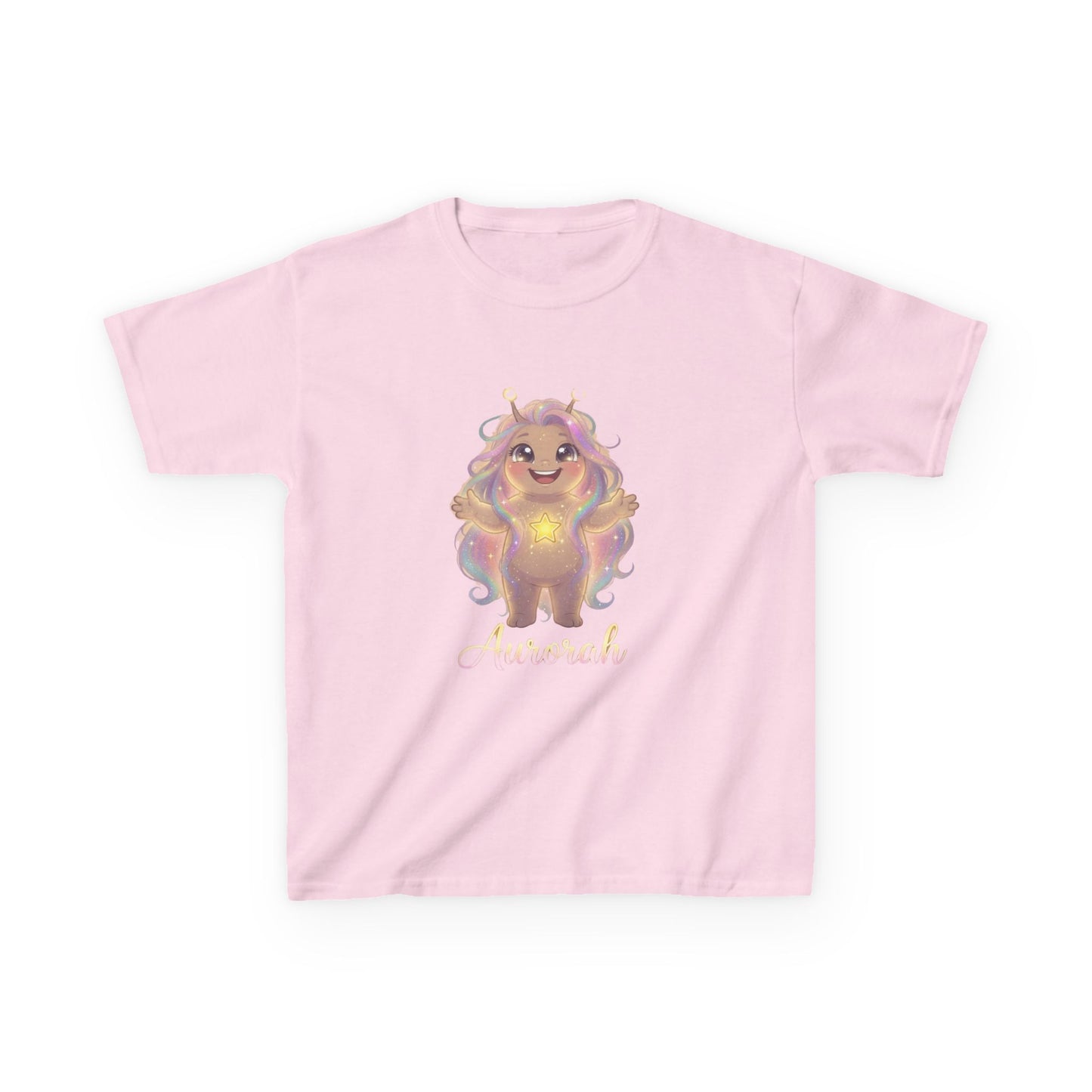 Light pink kids t-shirt featuring Aurorah the Hope Trait Buddy with rainbow hair and star emblem from OrbPals