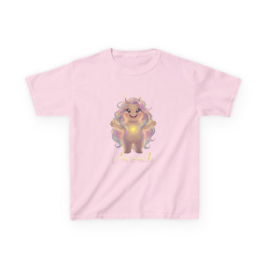 Light pink kids t-shirt featuring Aurorah the Hope Trait Buddy with rainbow hair and star emblem from OrbPals