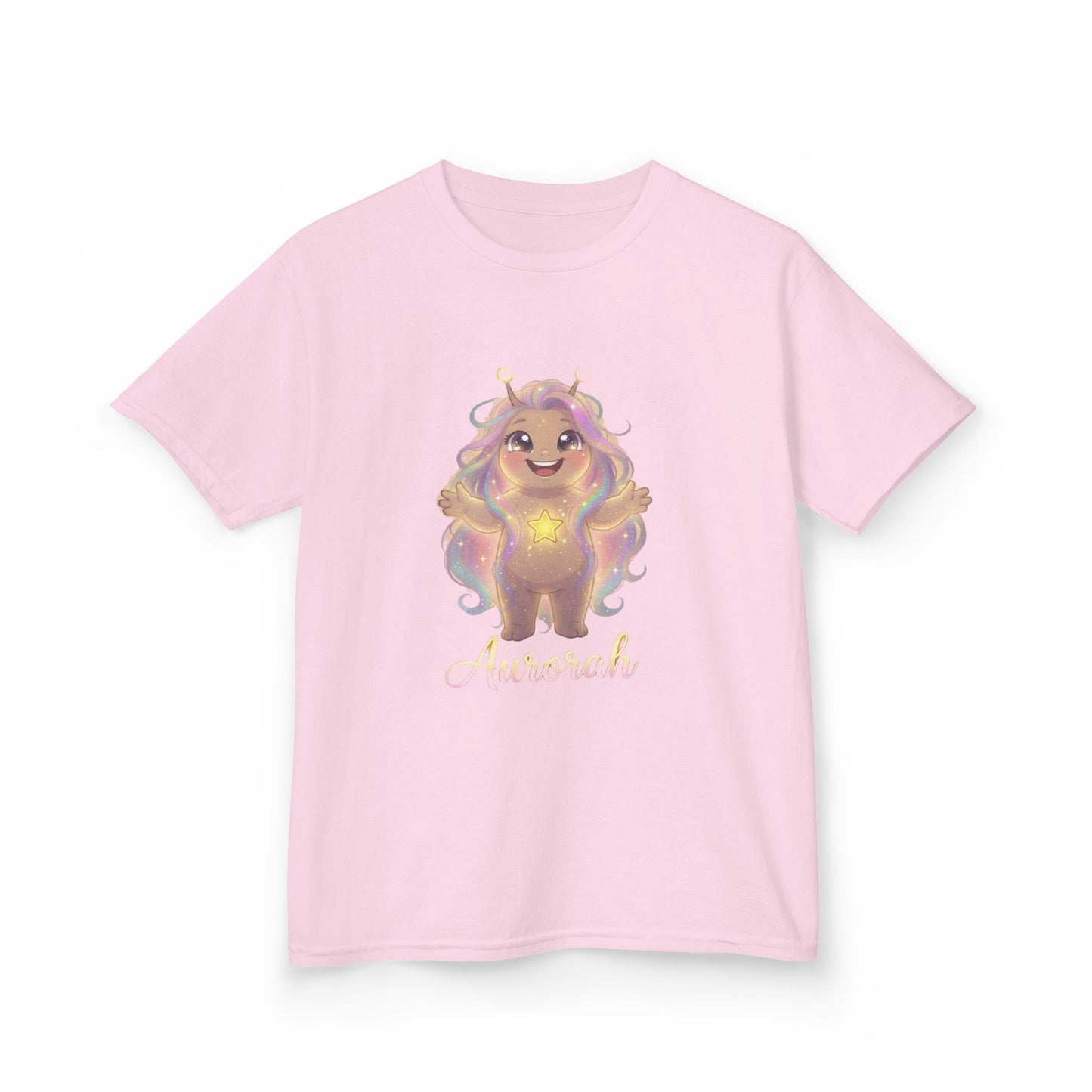Light pink kids t-shirt featuring Aurorah the Hope Trait Buddy with rainbow hair and star emblem from OrbPals