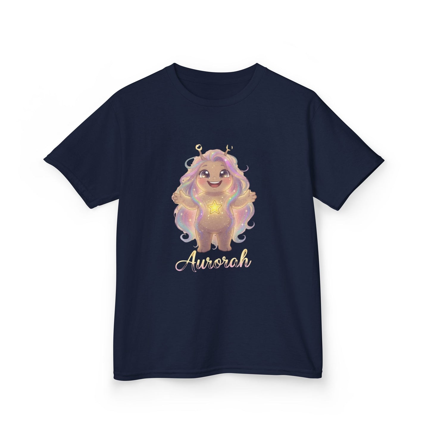 Black kids t-shirt featuring Aurorah the Hope Trait Buddy with rainbow hair and star emblem from OrbPals