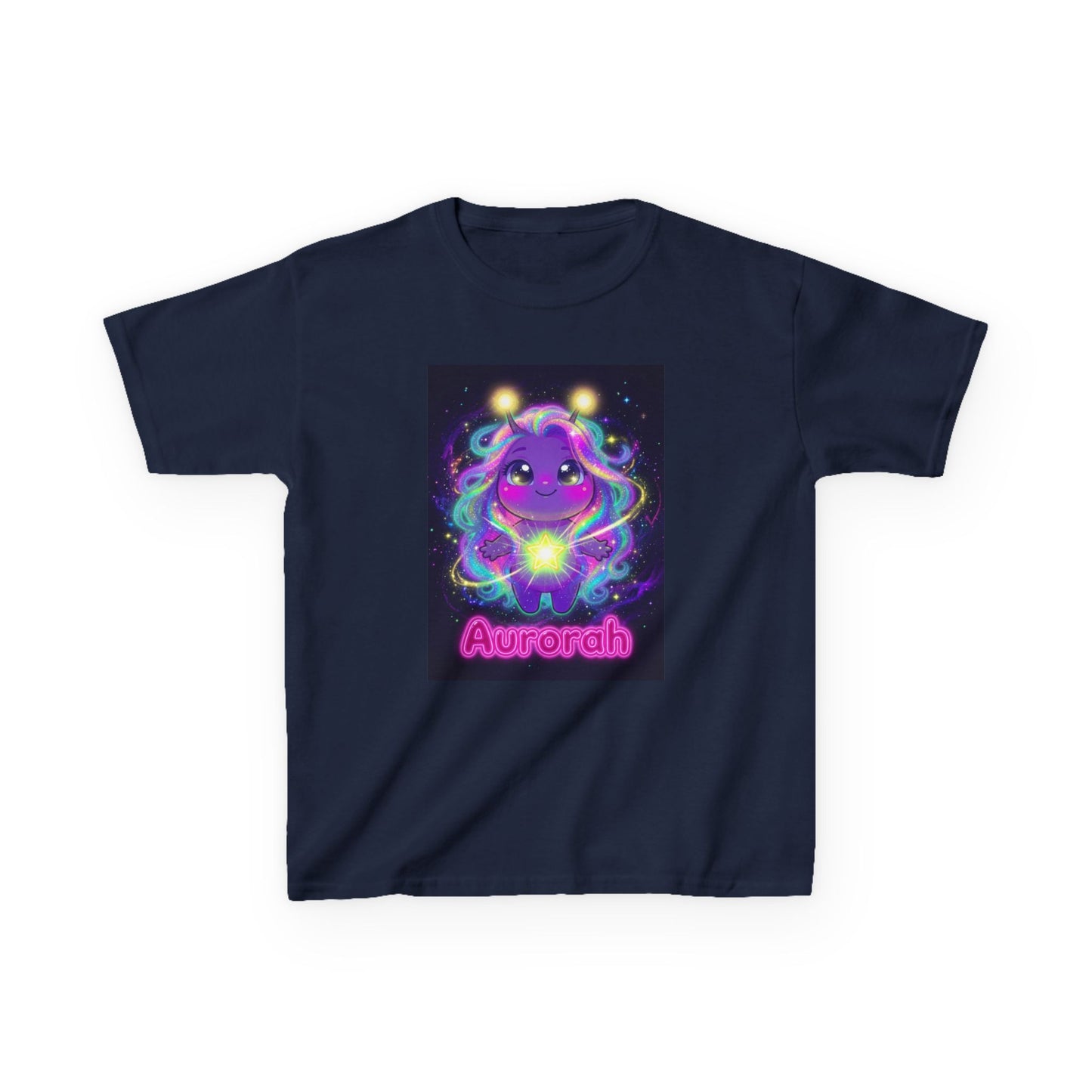 Navy blue kids t-shirt featuring Aurorah the Hope Trait Buddy with neon rainbow energy effects from OrbPals