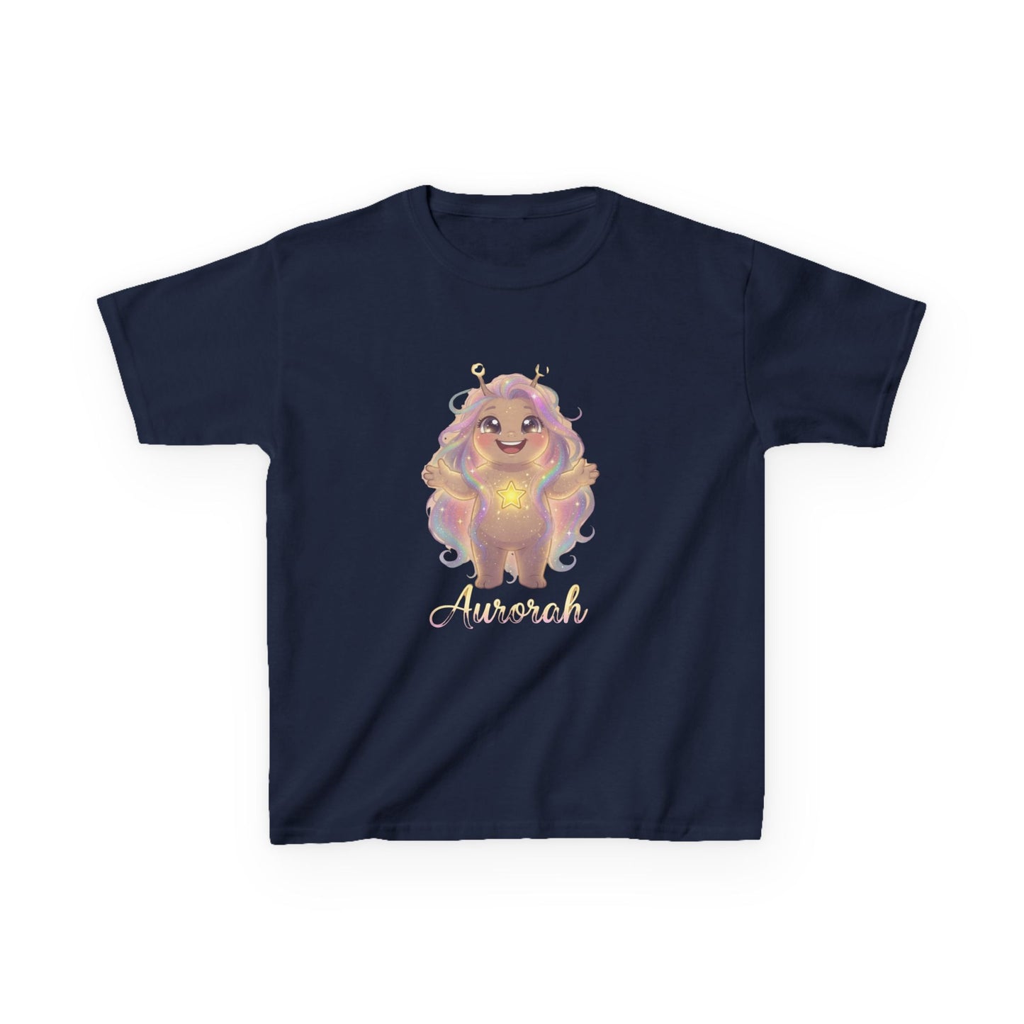 Navy blue kids t-shirt featuring Aurorah the Hope Trait Buddy with rainbow hair and star emblem from OrbPals