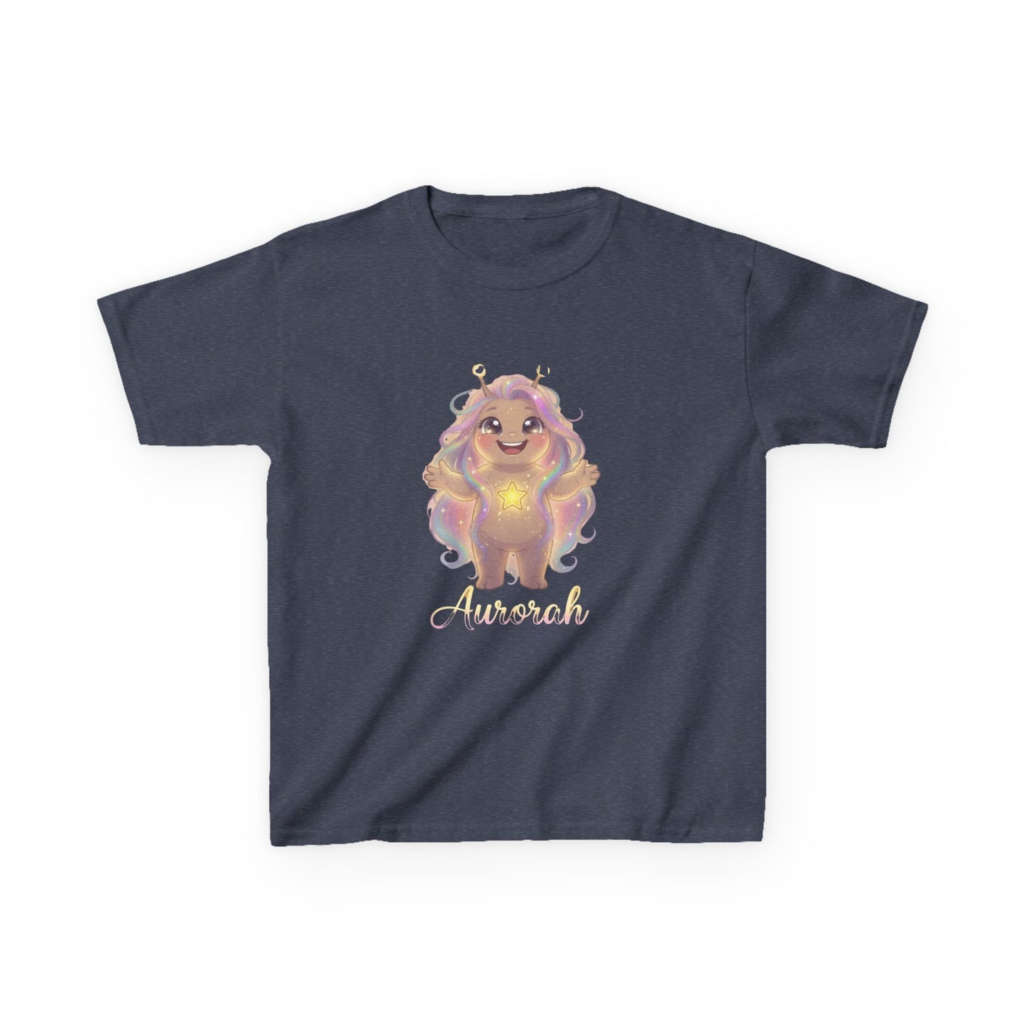 Navy blue kids t-shirt featuring Aurorah the Hope Trait Buddy with rainbow hair and star emblem from OrbPals
